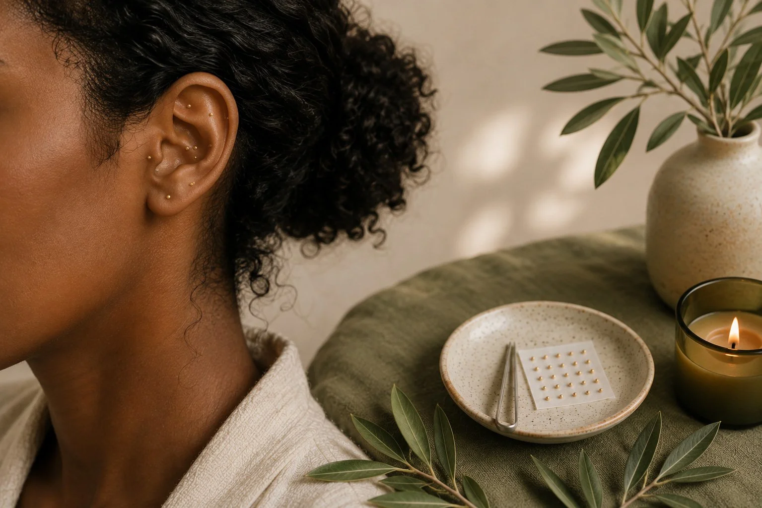 A woman with pierced ears is getting a facial or ear treatment at a spa, with a lit candle, a plate of gold ear studs, and greenery on a table nearby.