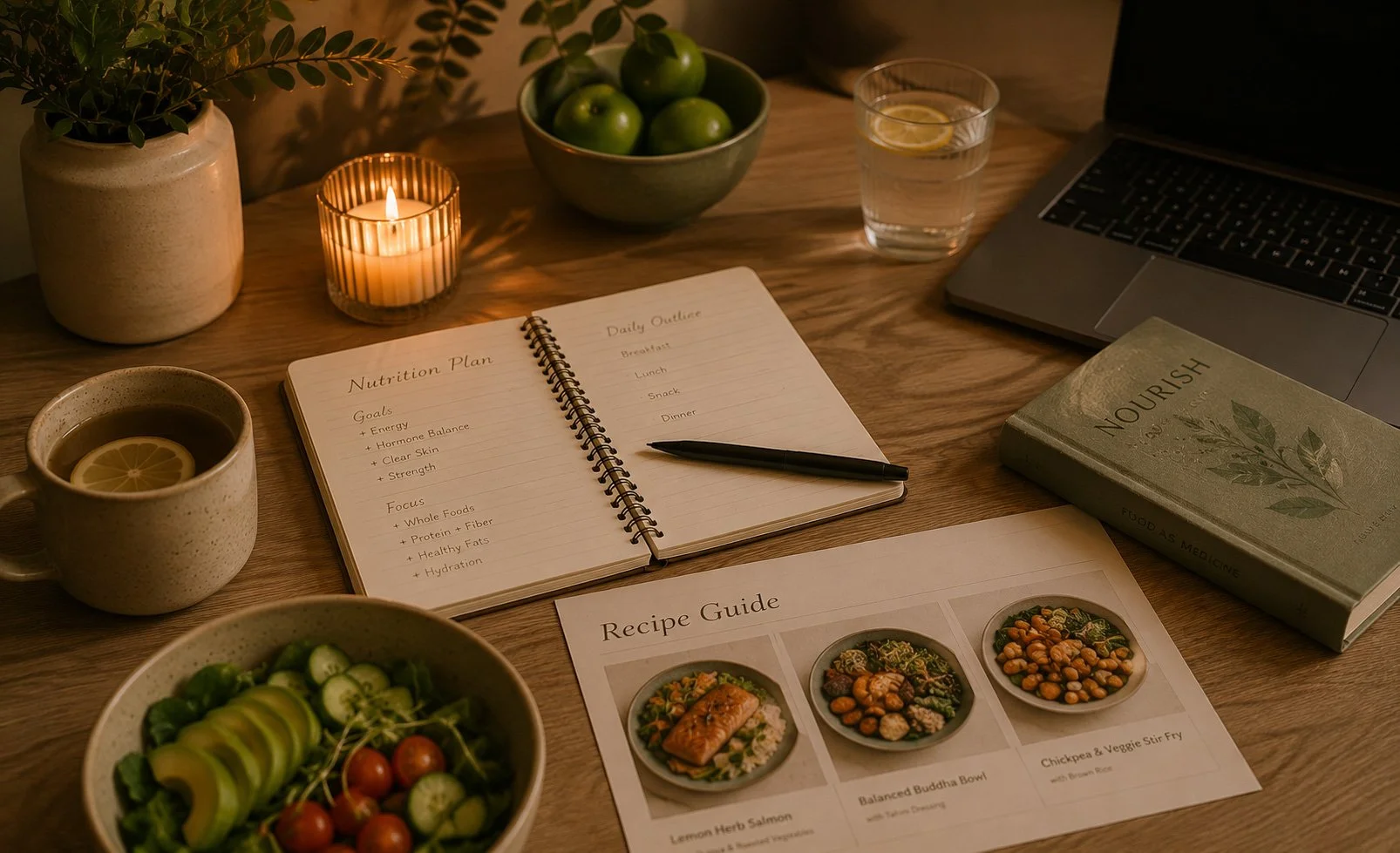A cozy workspace with a candle, a notebook with a nutrition plan and daily outline, a laptop, a book titled 'Nourish', a glass of water with lemon, a cup of tea with lemon slice, and a bowl of salad containing cherry tomatoes, cucumber, and greens, all on a wooden table.