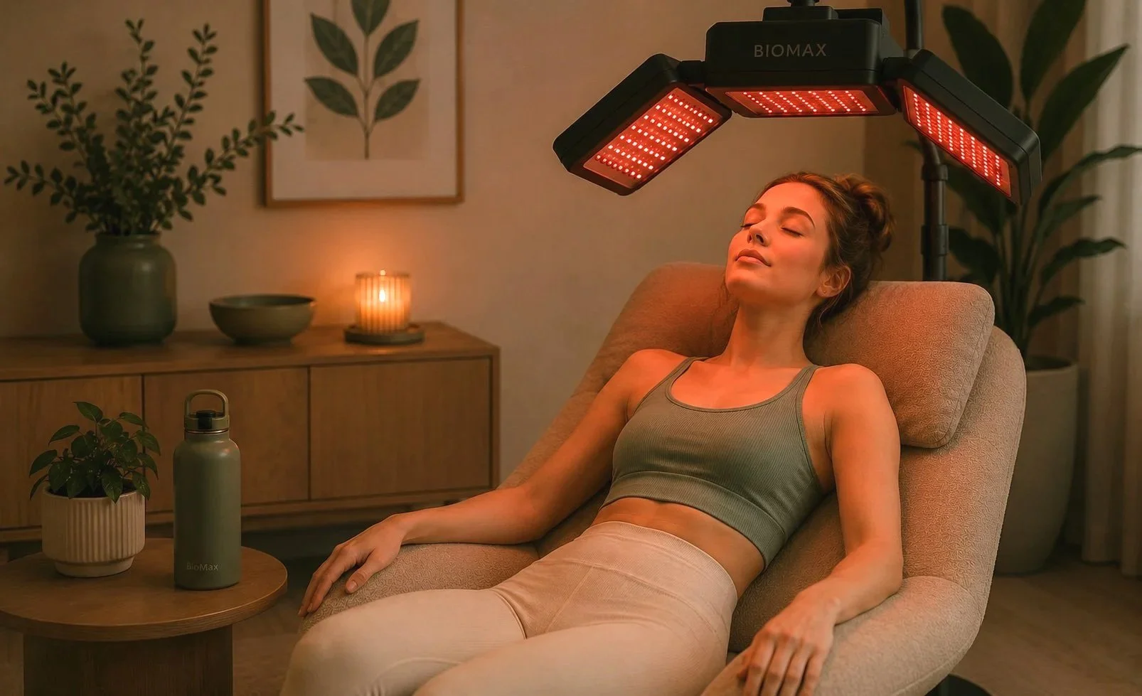A woman sitting in a reclining chair with a red LED light therapy device above her head in a cozy living room setting.