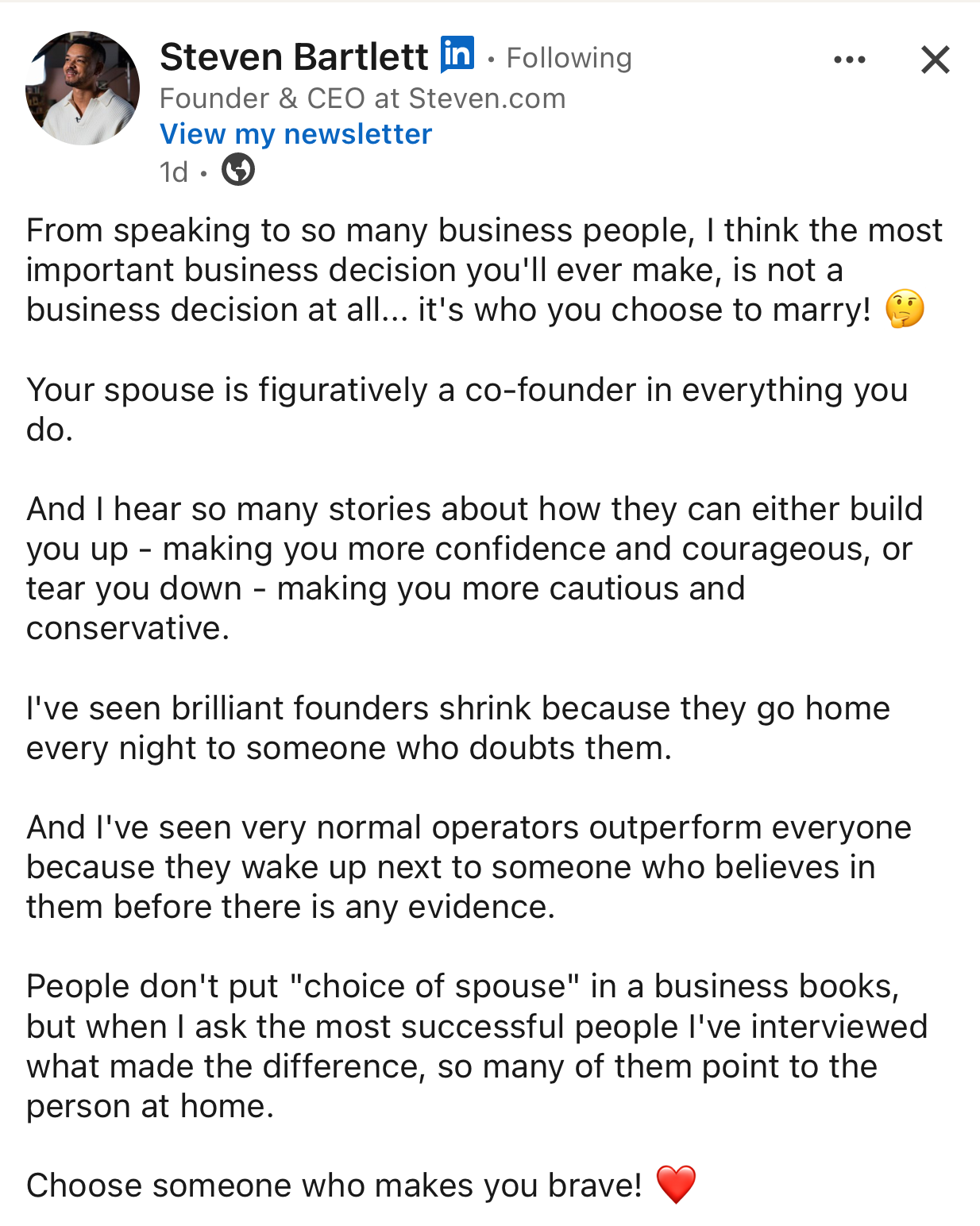 Screenshot of a LinkedIn post by Steven Bartlett with a profile picture of a man with dark hair and a beard, wearing a light-colored shirt, smiling in a professional setting.