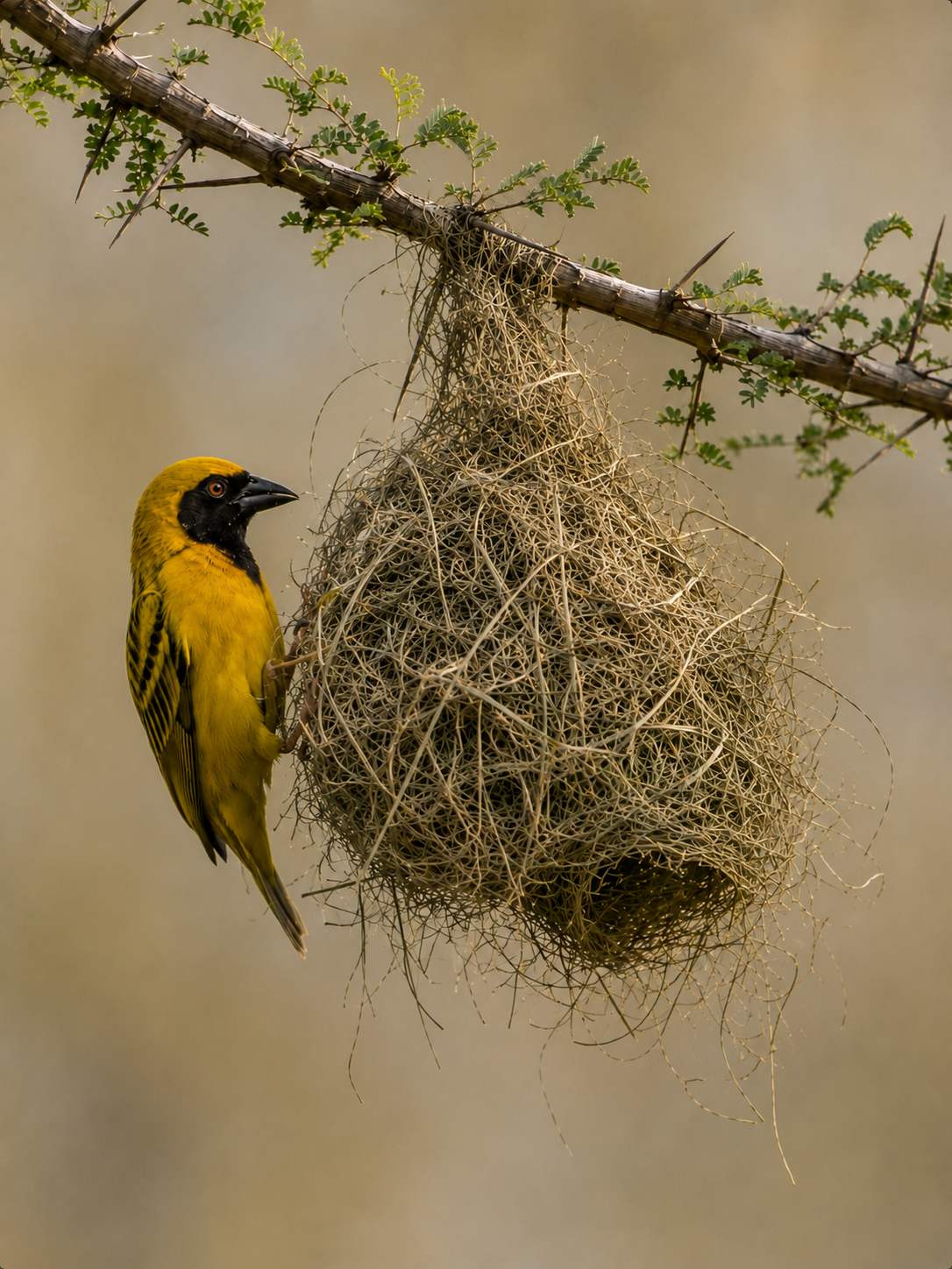 A yellow and black bird perched on a branch near a nest made of twigs and dried grasses, with a blurred neutral background.