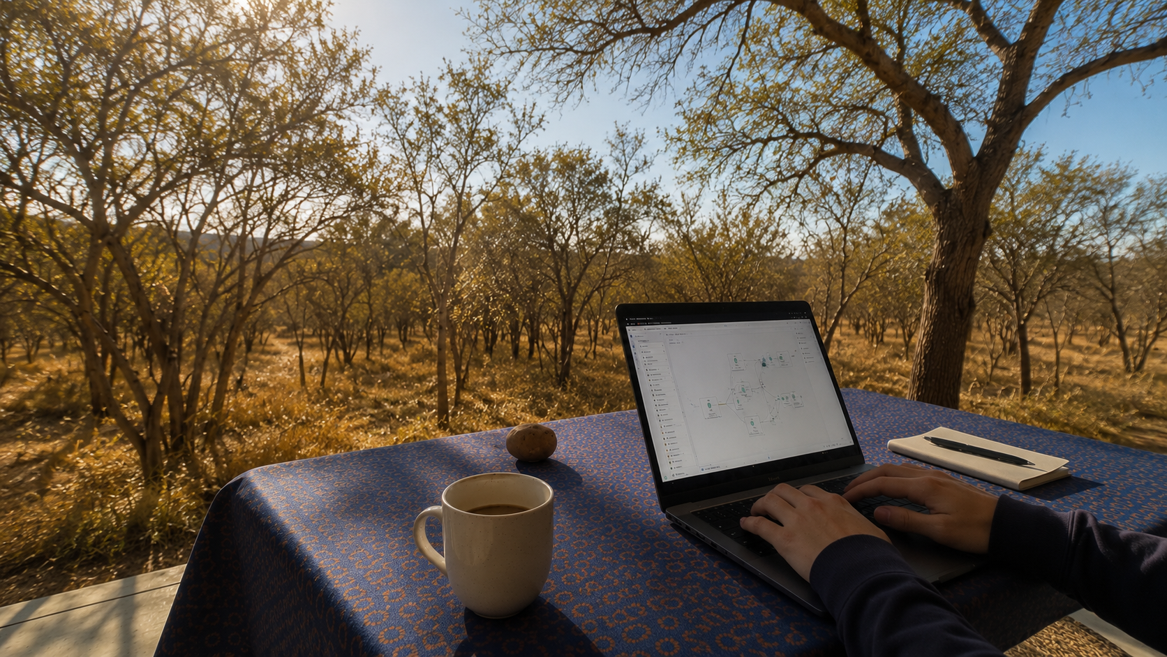 A person working on a laptop at an outdoor table with a forest of leafless trees in the background, a cup of coffee, a notebook, and a small rock on the table.