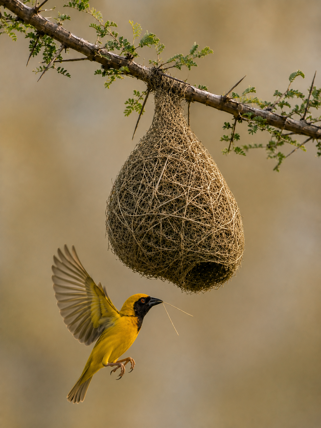 A yellow bird with black face and wings, holding a stick in its beak, flying near a woven nest hanging from a thorny branch with green leaves.