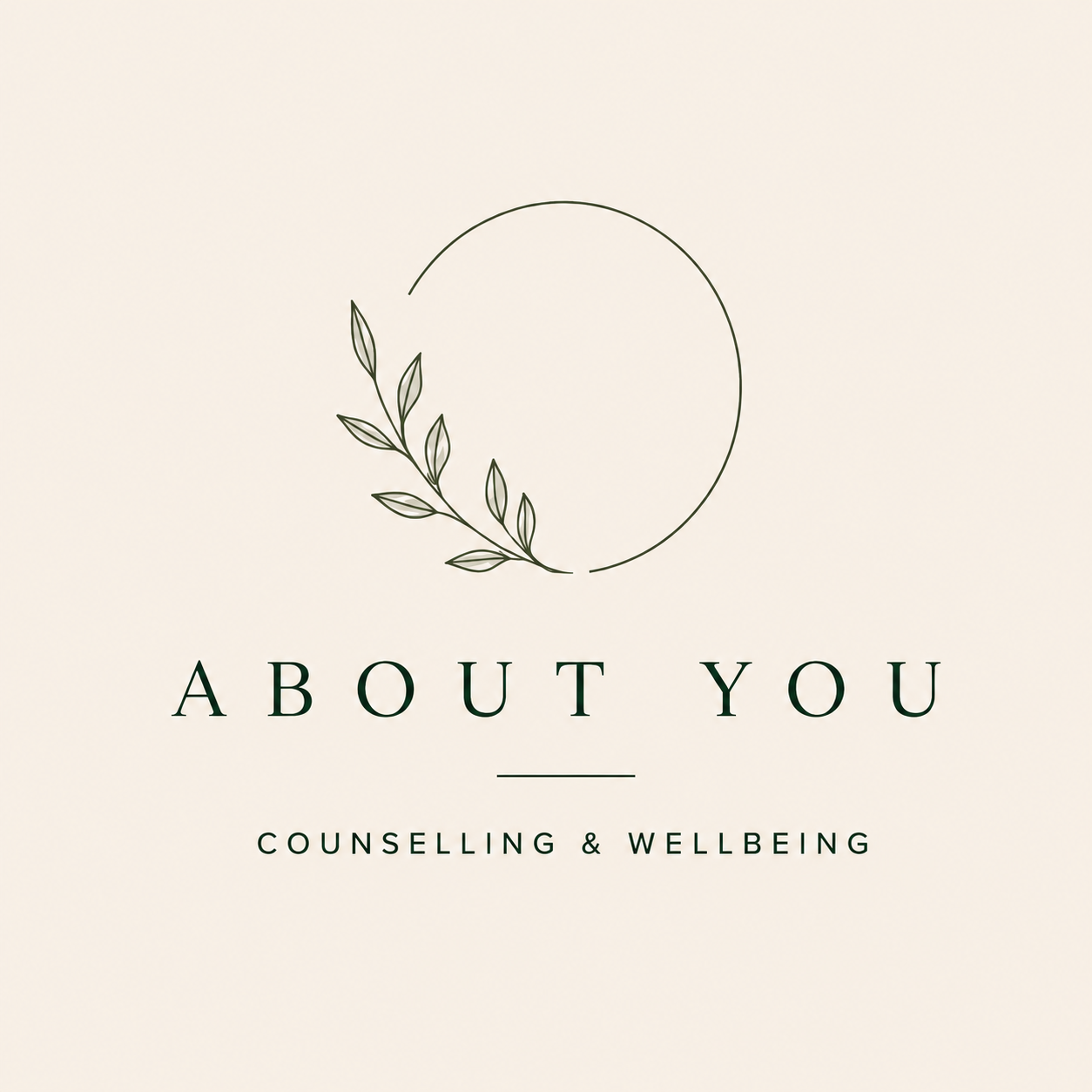 Minimalist logo for About You Counseling & Wellbeing featuring a circular line with a leaf branch on the left and the text 'About You' and 'Counselling & Wellbeing'.