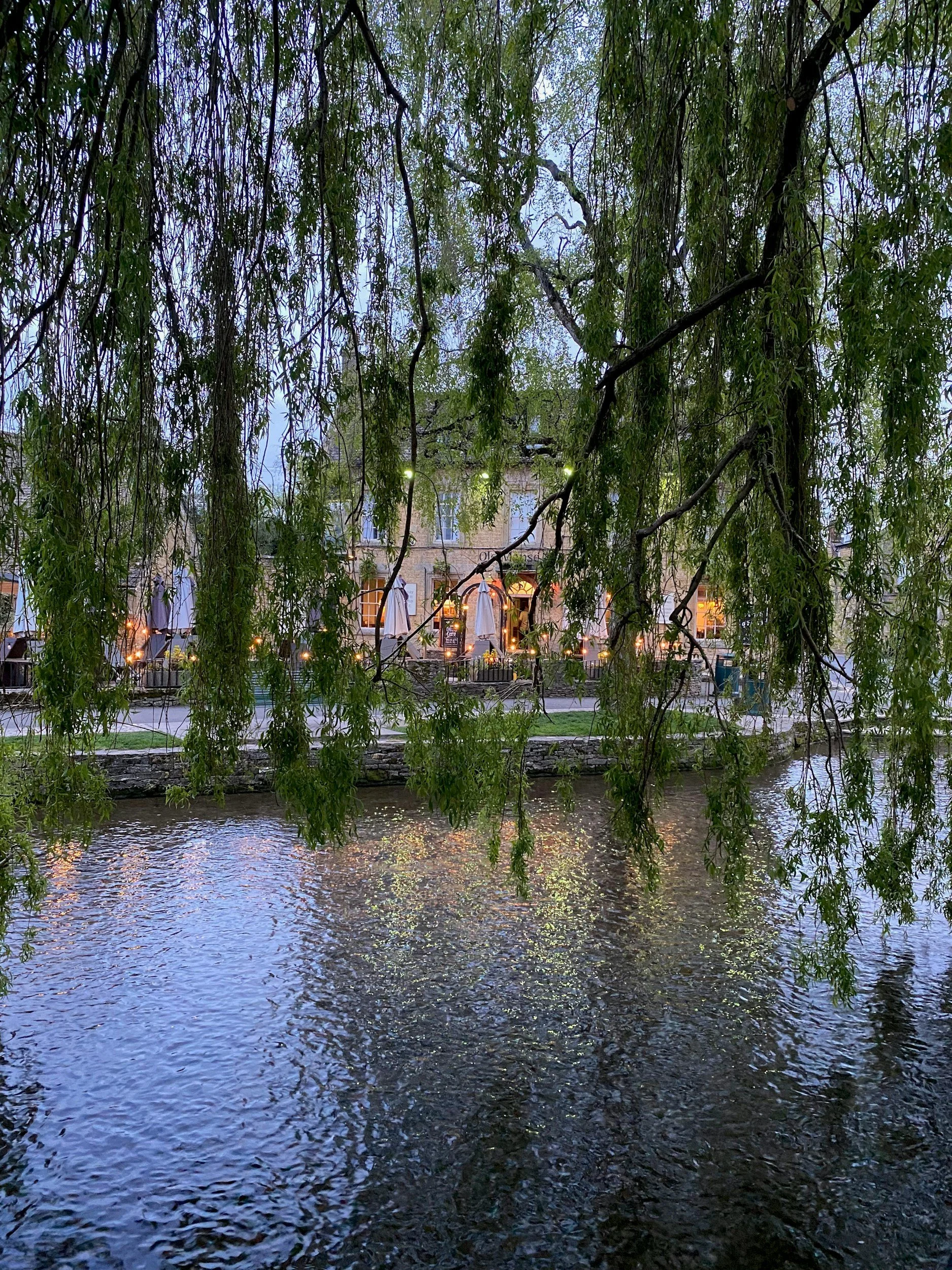 View of a river with rippling water, seen through hanging green willow tree branches in an outdoor setting, with buildings and outdoor tables with umbrellas in the background