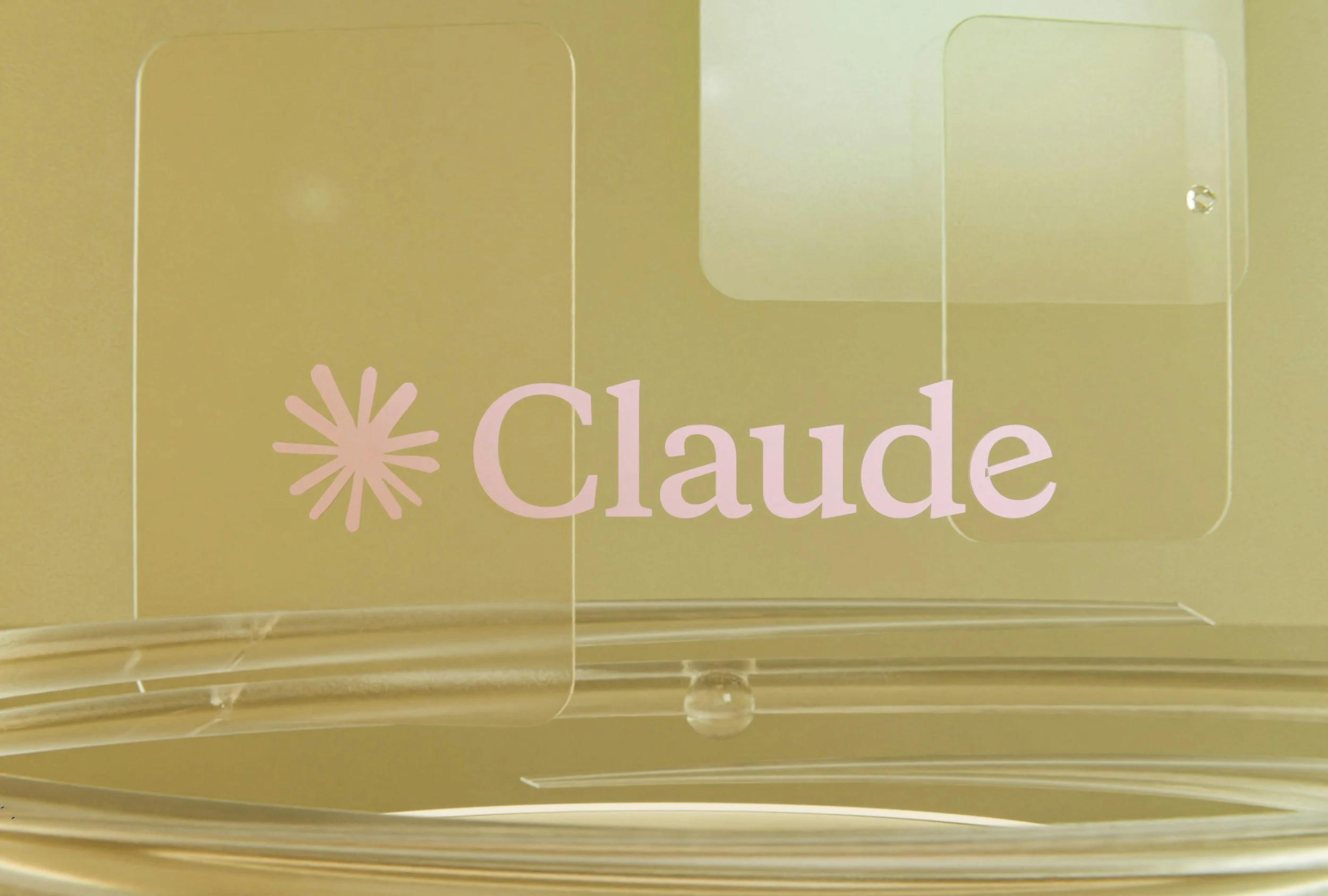 A clear acrylic sign with the name 'Claude' written in pink lettering and a pink flower graphic, mounted on a beige or gold wall.