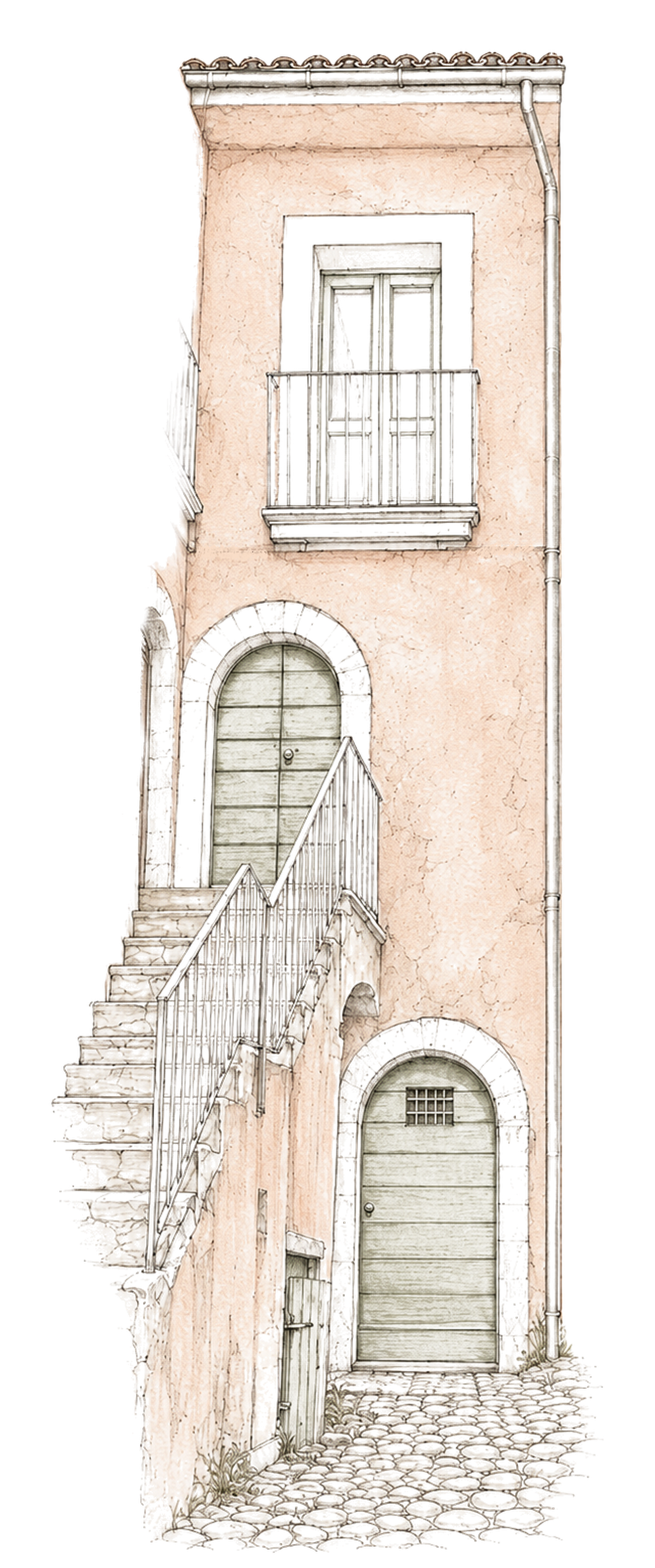 Facade of a European-style building with arched wooden doors, a small window, a staircase, a balcony with shutters, and a cobblestone street.