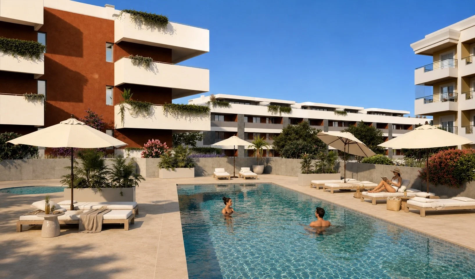 Modern apartment complex with balconies and greenery, surrounding a swimming pool area with lounge chairs and umbrellas under a clear blue sky.