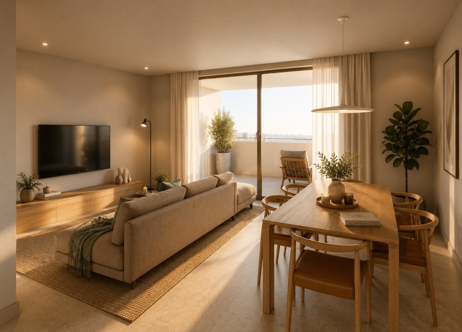 A modern, minimalist bedroom with a beige upholstered bed, white nightstands, and a large abstract metal art piece on the wall. Natural light enters through a sliding glass door with floor-to-ceiling white curtains. There is a green plant in a white pot next to the bed and a small wooden side table with a chair beside it.