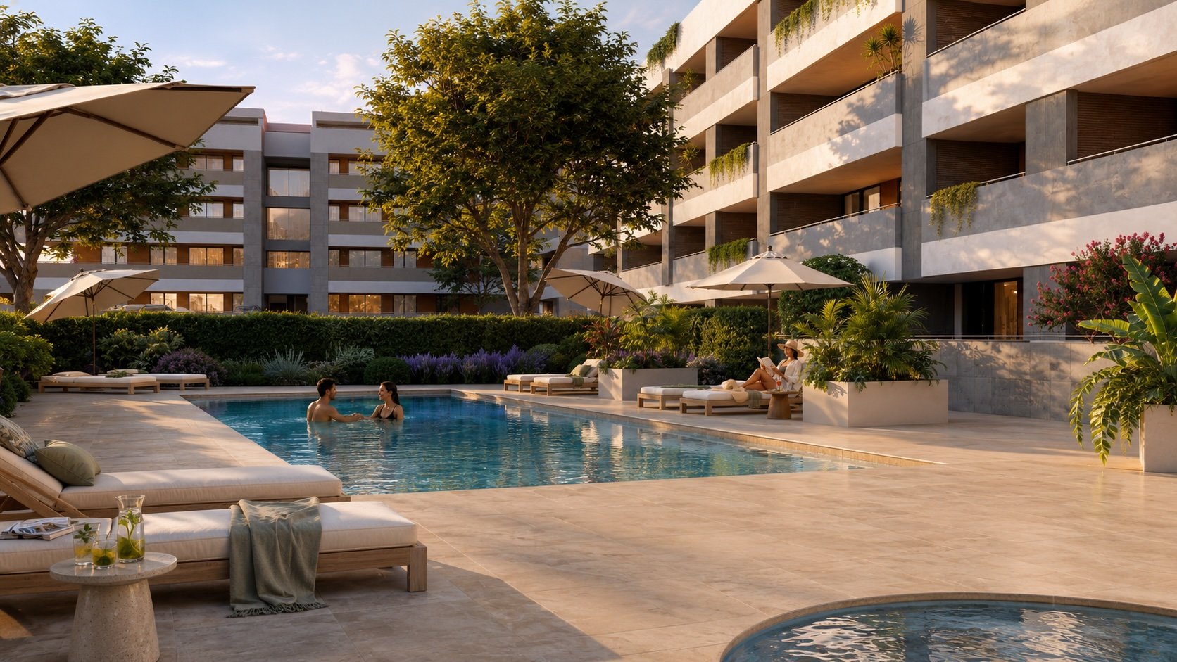 Modern apartment complex with a swimming pool, lounge chairs, large umbrellas, greenery including trees and potted plants, and balconies on the building during daytime.