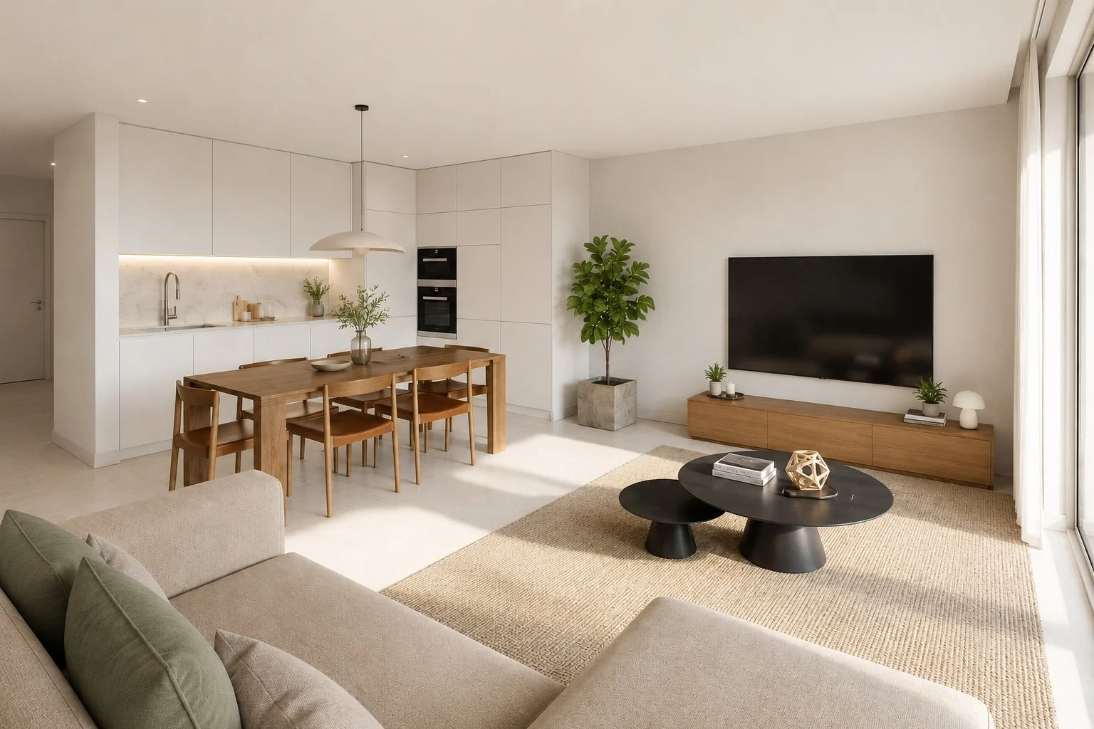 Modern open-plan living room and kitchen with light-colored walls, wooden dining table, and a black coffee table.