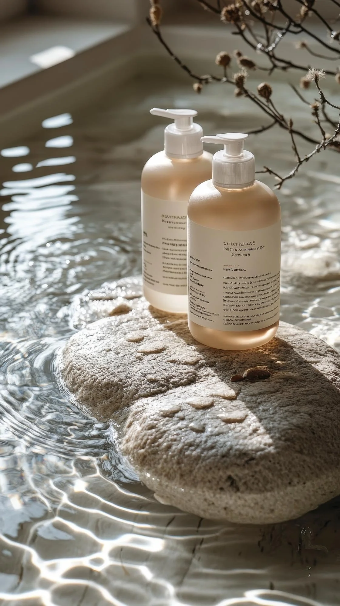 Two bottles with pump dispensers sit on a large rock in shallow water, with dried branches above and sunlight creating reflections on the water's surface.
