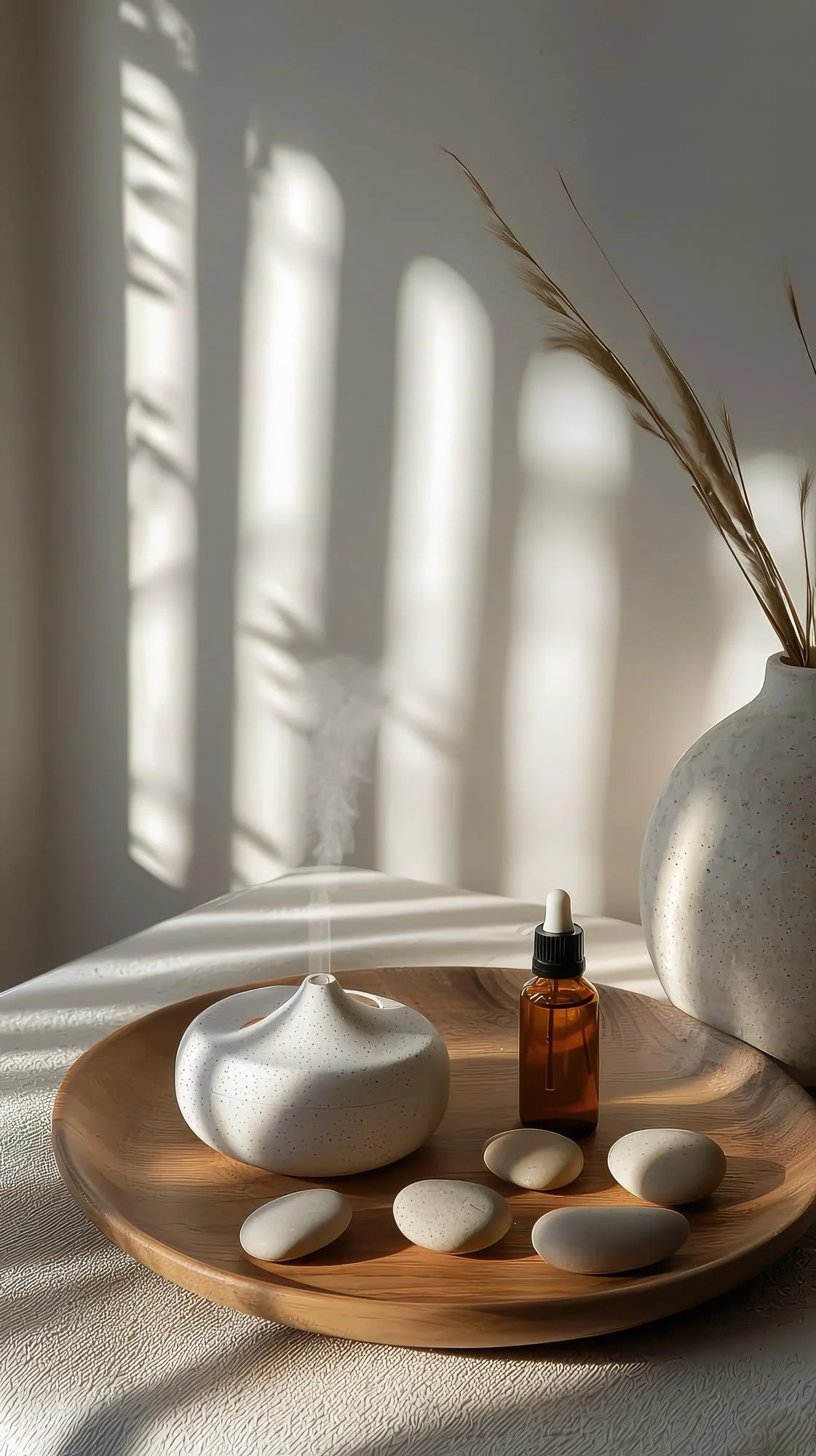 A wooden tray with a white ceramic teapot, a small dropper bottle, and several smooth, white stones, set on textured fabric with natural sunlight creating shadows and highlights.