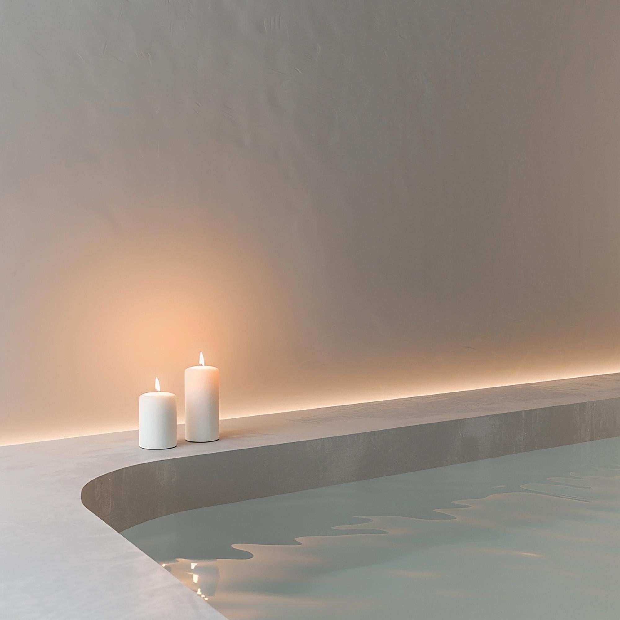 Three white candles placed on a step of a minimalist white and gray modern architectural interior with curved lines and a textured wall.