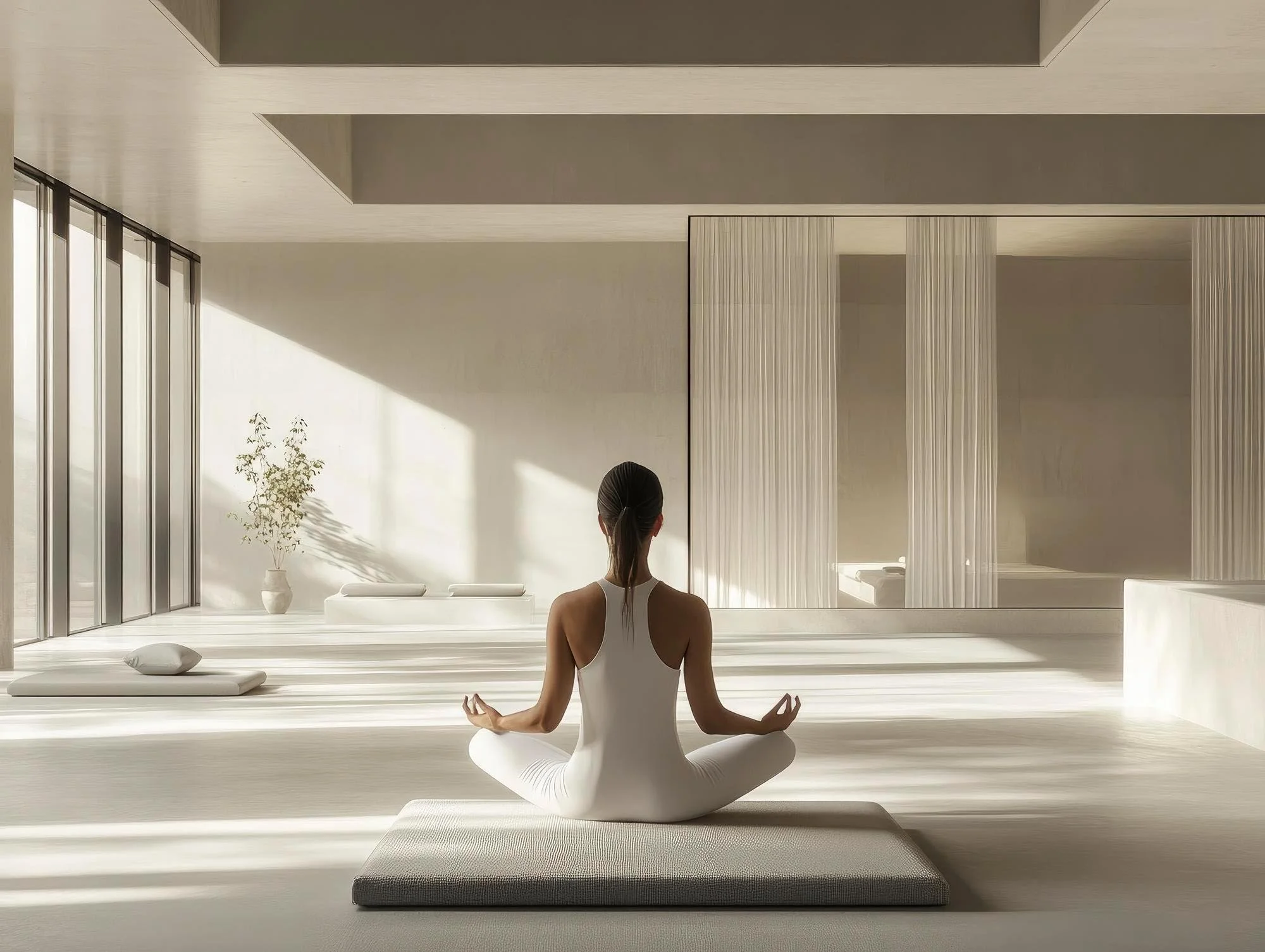 A woman sitting cross-legged in a meditation pose on a yoga mat in a minimalistic, modern, and well-lit room. She is facing away from the camera, wearing a white tank top and white yoga pants. The room has large windows with blinds, a white vase with a plant, and sheer curtains, creating a serene atmosphere.