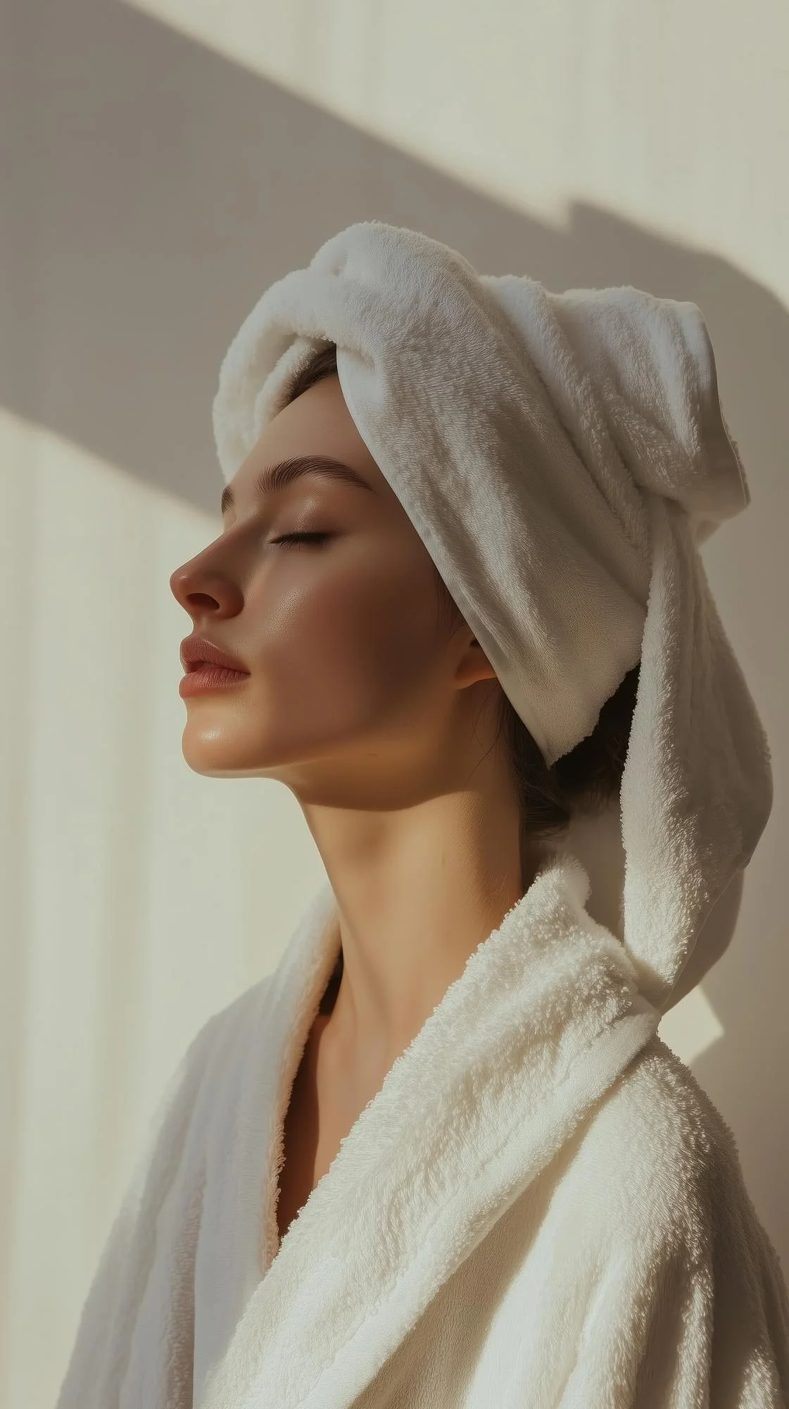 Woman with closed eyes, wearing a towel wrapped around her head and a bathrobe, enjoying a moment of relaxation.