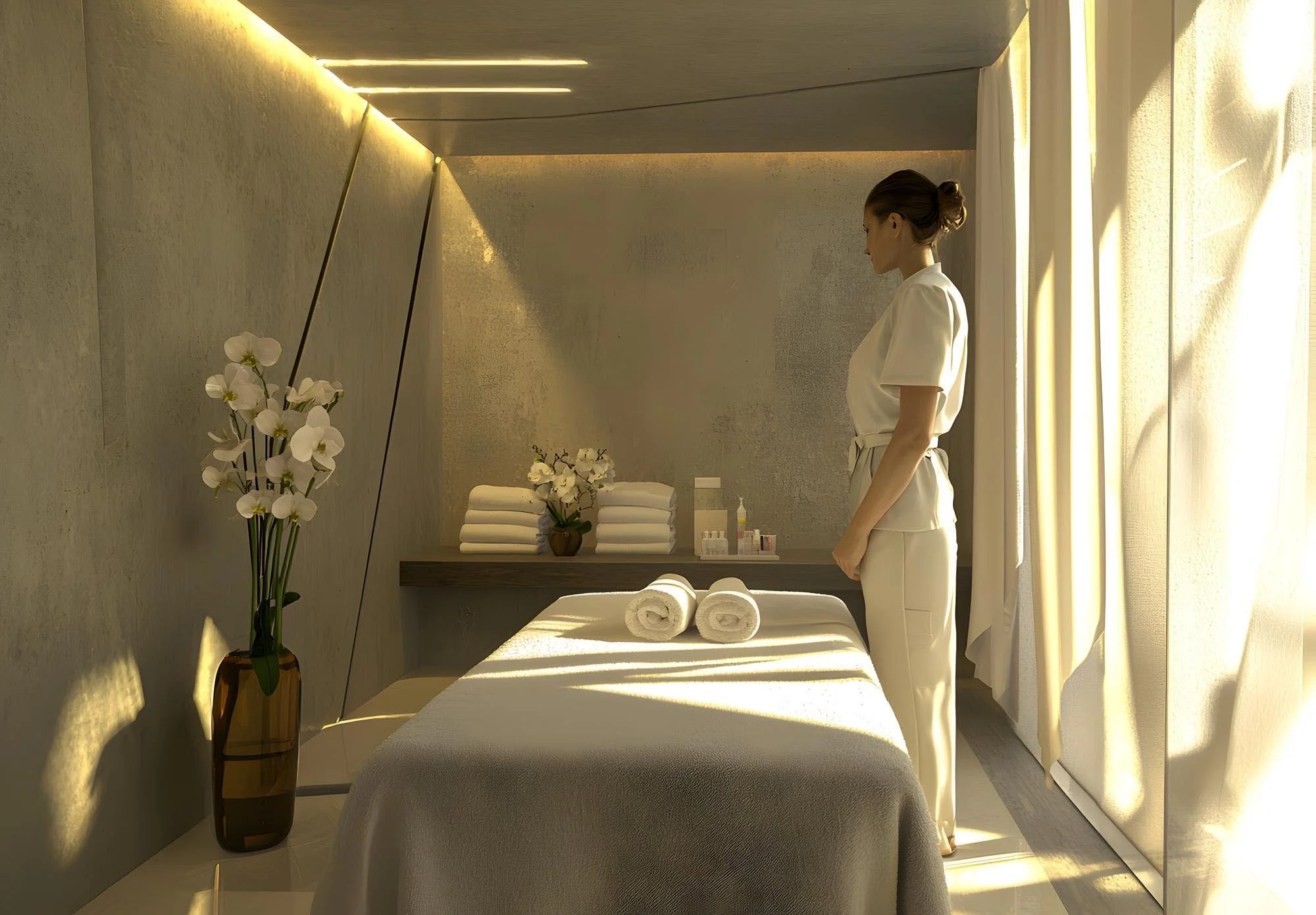 A woman in a white uniform standing in a modern, minimalist spa or wellness center room with natural light. The room has beige walls, rolled white towels, and a vase with white orchids and decorative twigs on a table.