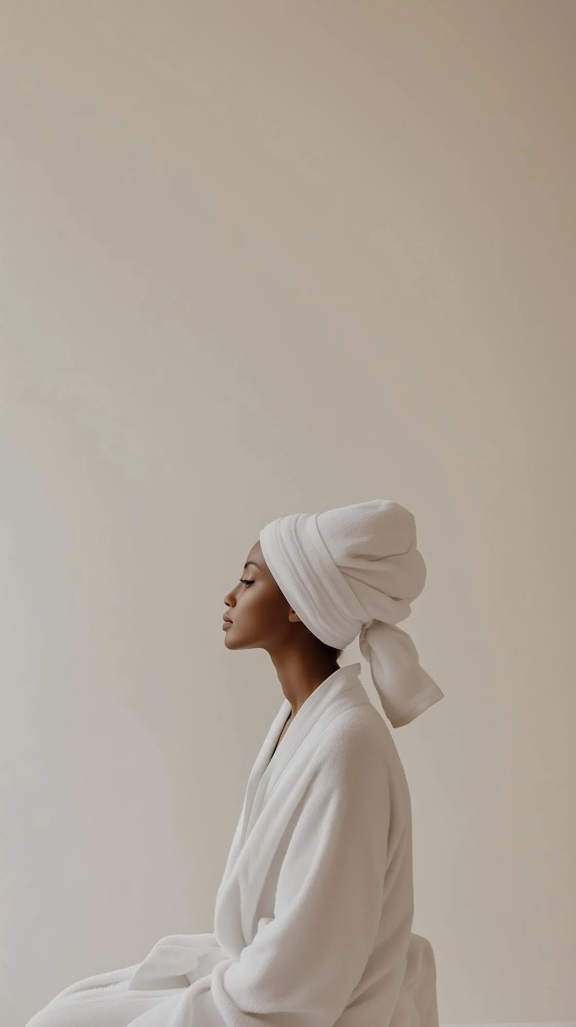Side profile portrait of a woman in a white head wrap and robe sitting calmly against a plain light background.