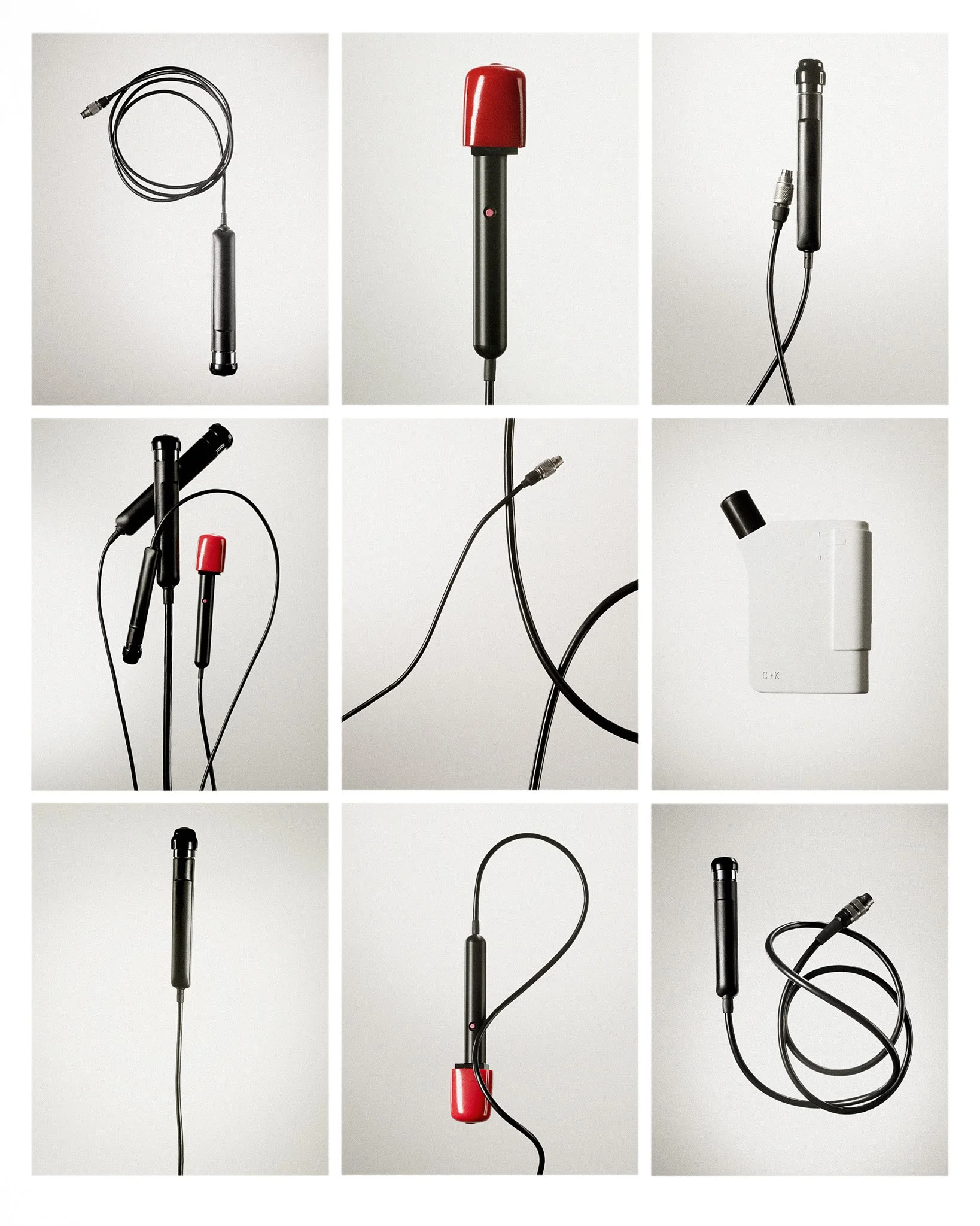 A collage of various medical instruments including microphones, cables, and electronic equipment related to healthcare or medical diagnostics.