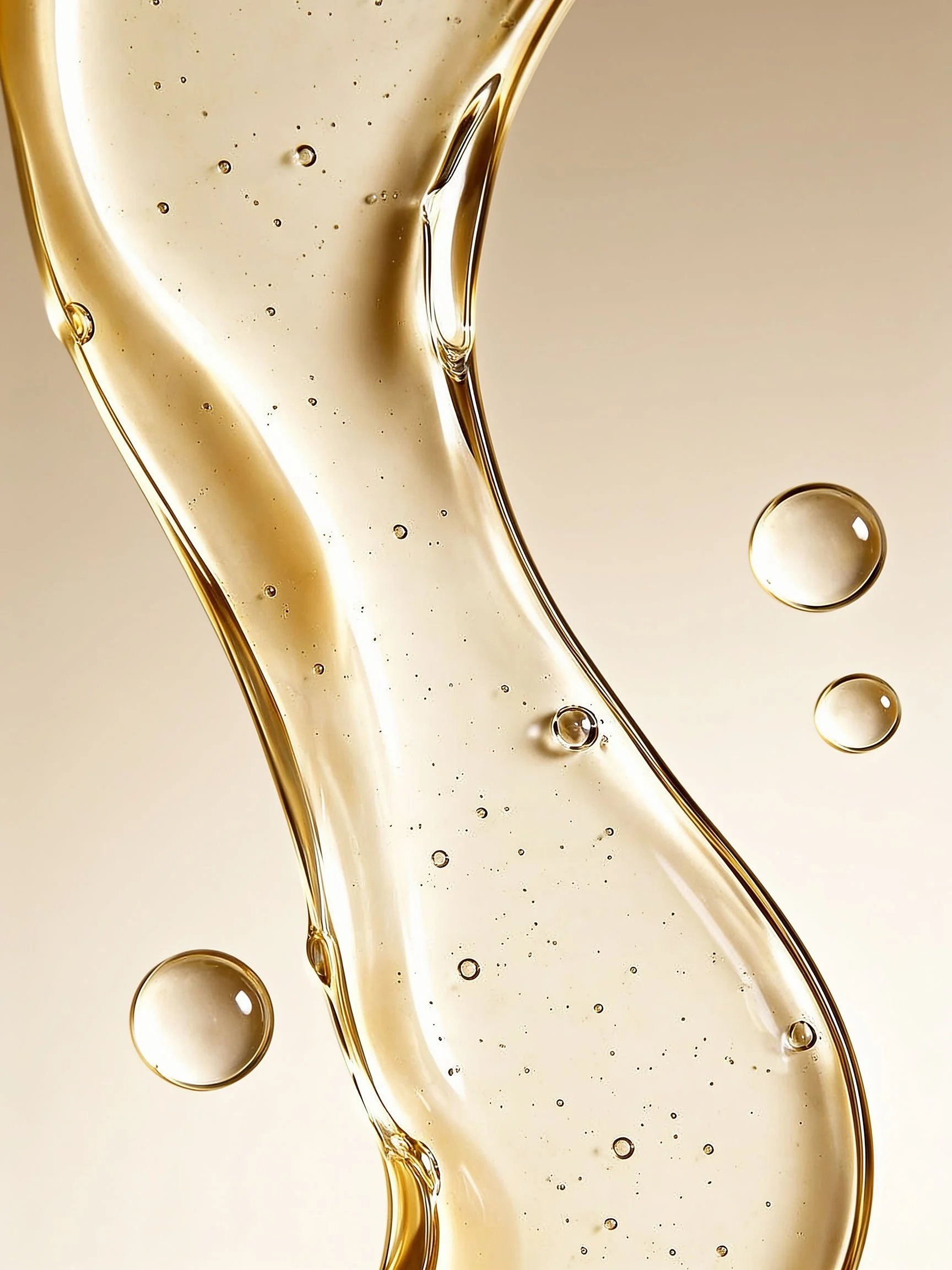 Close-up of a flowing golden liquid, possibly oil or syrup, with bubbles and reflections.