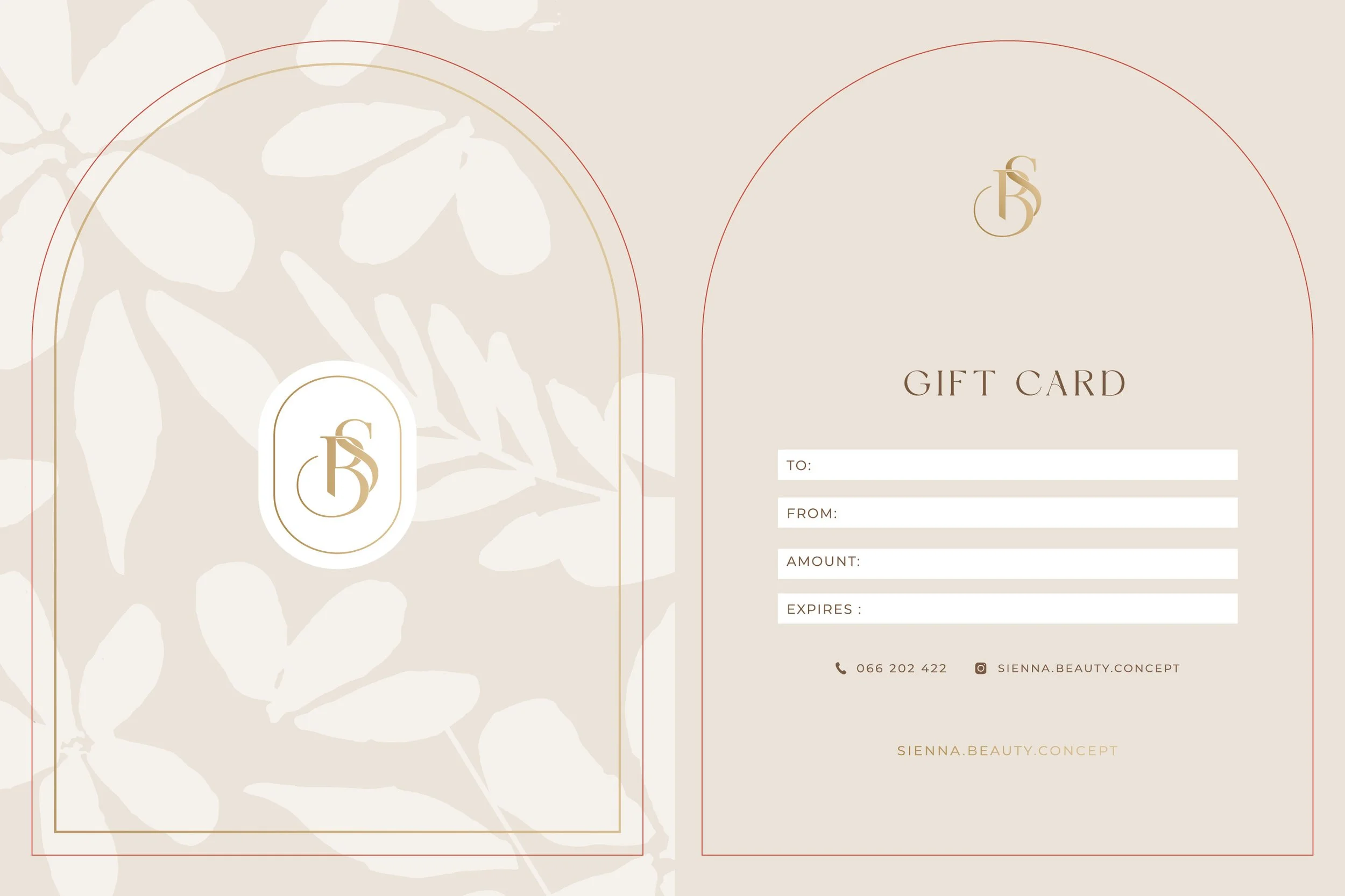 A beige gift card with floral pattern, a monogram logo, and fields for recipient, sender, amount, and expiry date, along with contact information.