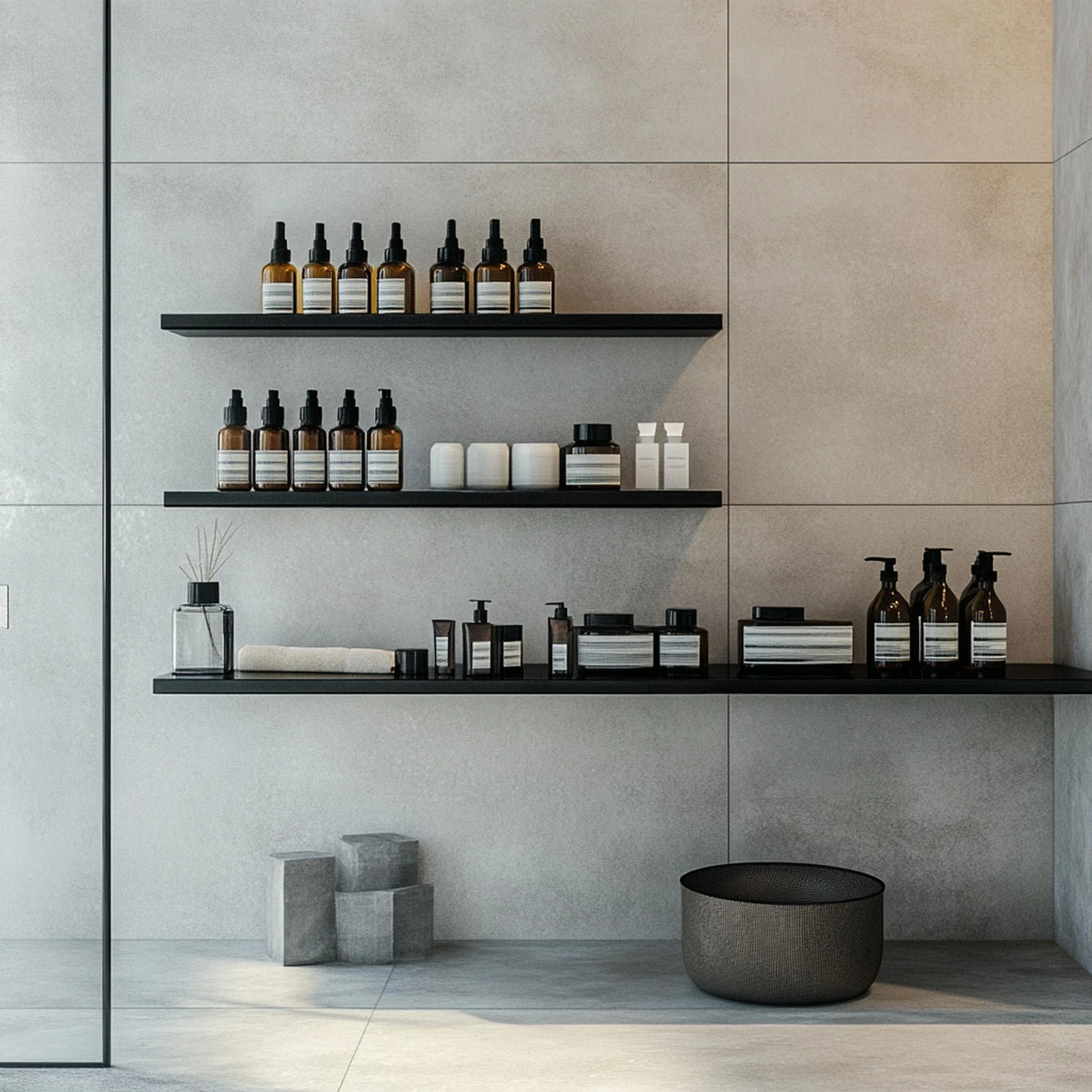 Minimalist bathroom scene with two black floating shelves holding amber bottles with pump dispensers, white bottles, and a black mesh basket, set against a textured beige wall.