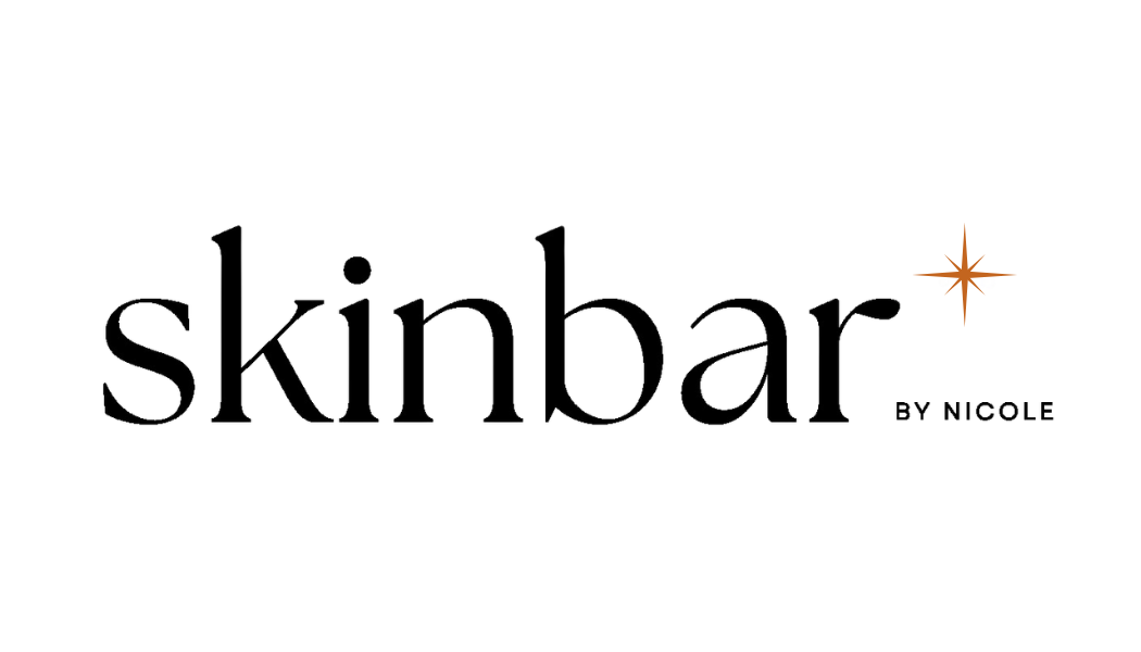 Logo for Skinbar by Nicole with black text and a small orange starburst above the letter 'r'.