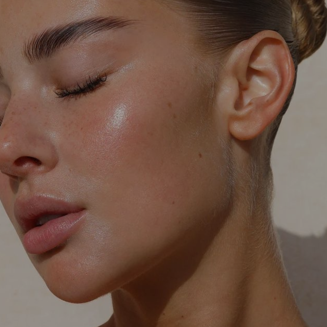 Close-up of a woman's face with her eyes closed, showing smooth skin, well-groomed eyebrows, and natural makeup.