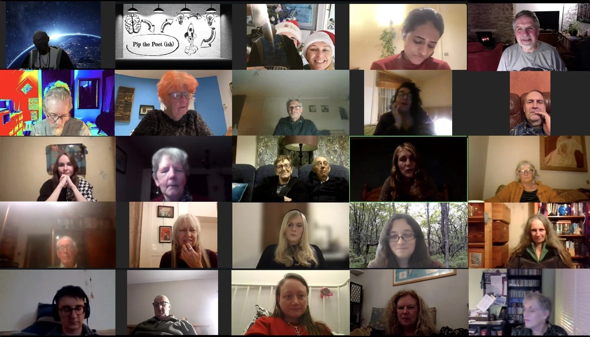 A group of people participating in a video conference call, visible in individual video windows arranged in a grid.