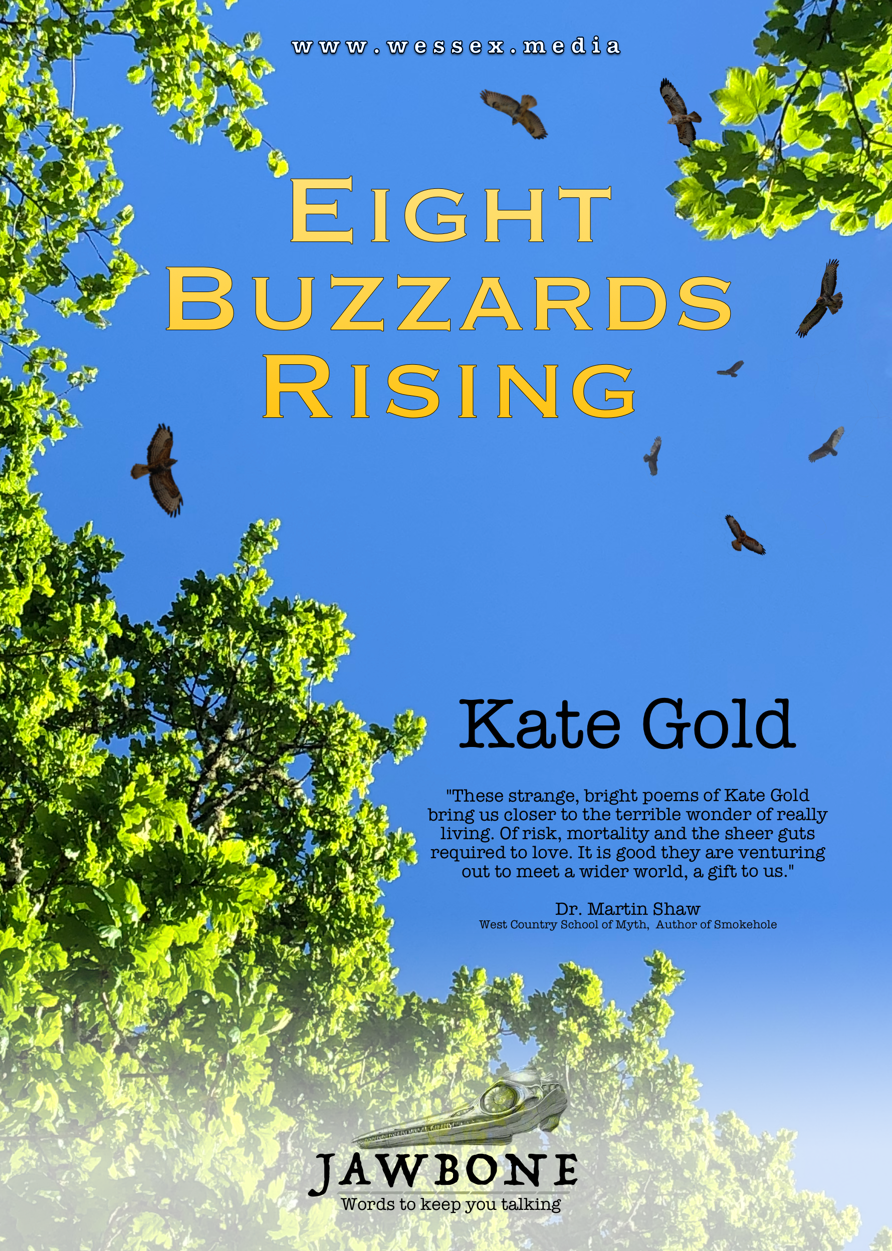 A book cover titled 'Eight Buzzards Rising' by Kate Gold with a background of a clear blue sky, green trees, and several buzzards flying in the air. There is a quote from Dr. Martin Shaw at the bottom and the subtitle 'Jawbone' with the phrase 'Words to keep you talking'.