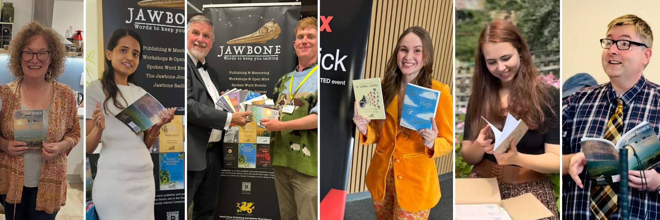 A collage of people holding books at different events, smiling and presenting their books.