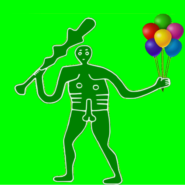 A simplified outline of a human figure holding a bat and a bunch of colorful balloons, with a bright green background.