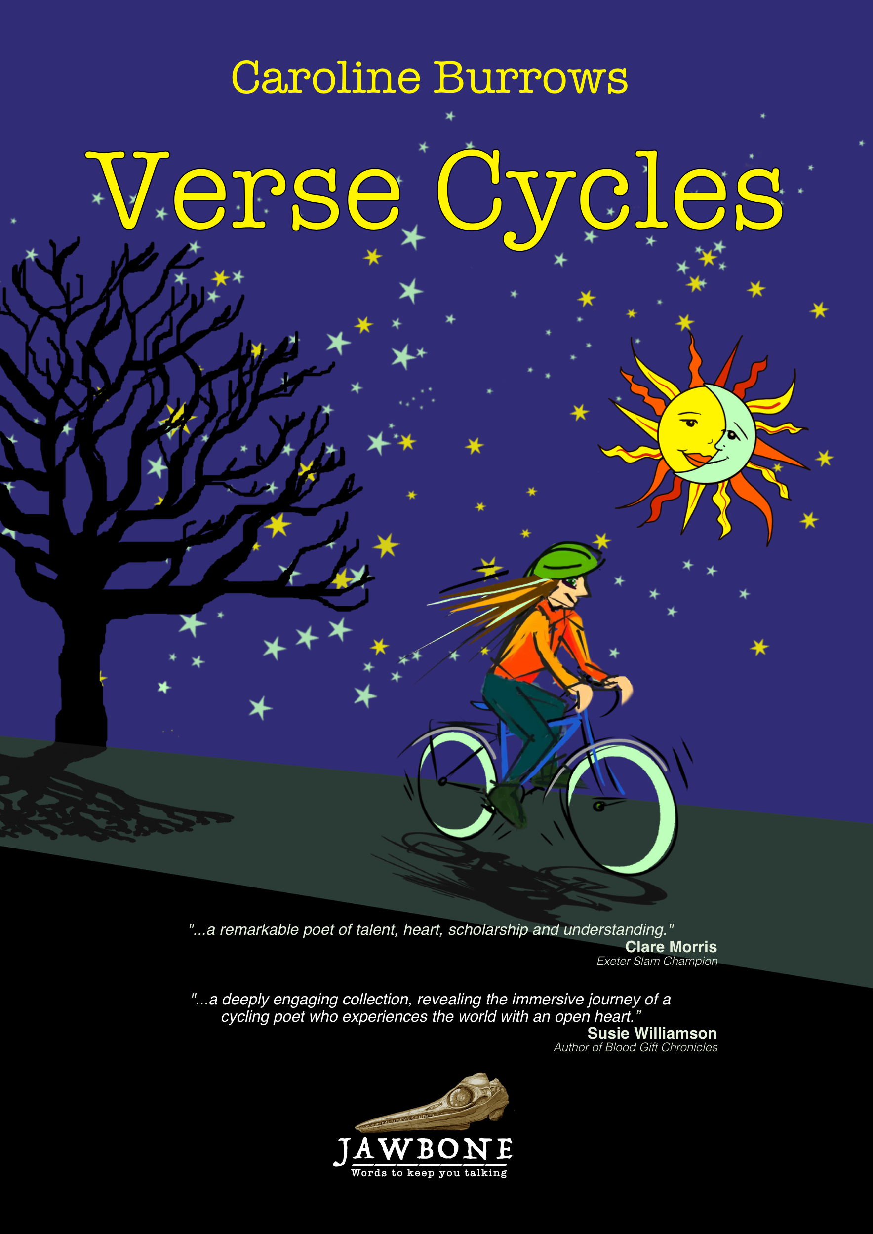 Book cover titled 'Verse Cycles' by Caroline Burrows with a painted sun and moon face illustration, a leafless tree, a girl riding a bicycle, and a jawbone fossil at the bottom, featuring quotes from Clare Morris and Susie Williamson.