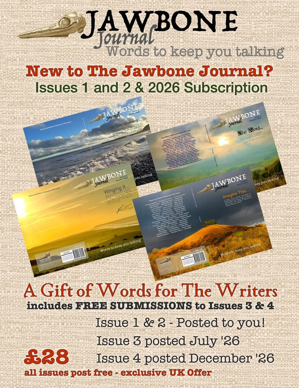 Poster advertising the Jawbone Journal subscription, featuring four issues with cover images of nature scenes like sky, ocean, and landscape. The poster highlights words like "A Gift of Words for The Writers," mentions free submissions to issues 3 and 4, and states that all issues post free with a UK offer for £28.