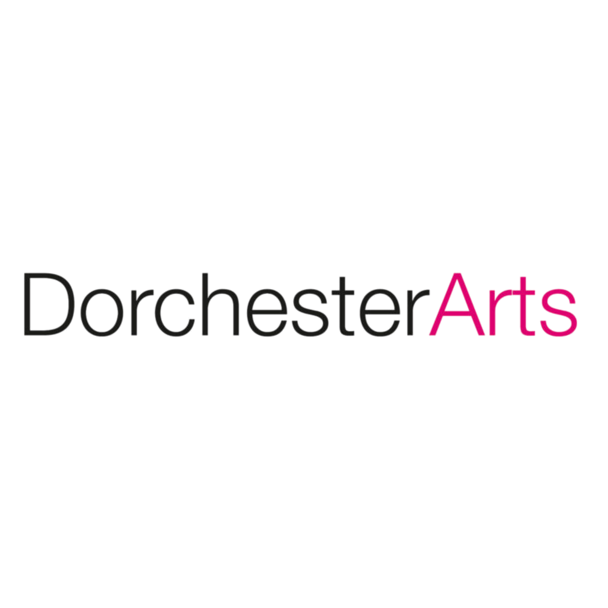 Black and pink logo for Dorchester Arts with stylized dome shape and modern text.