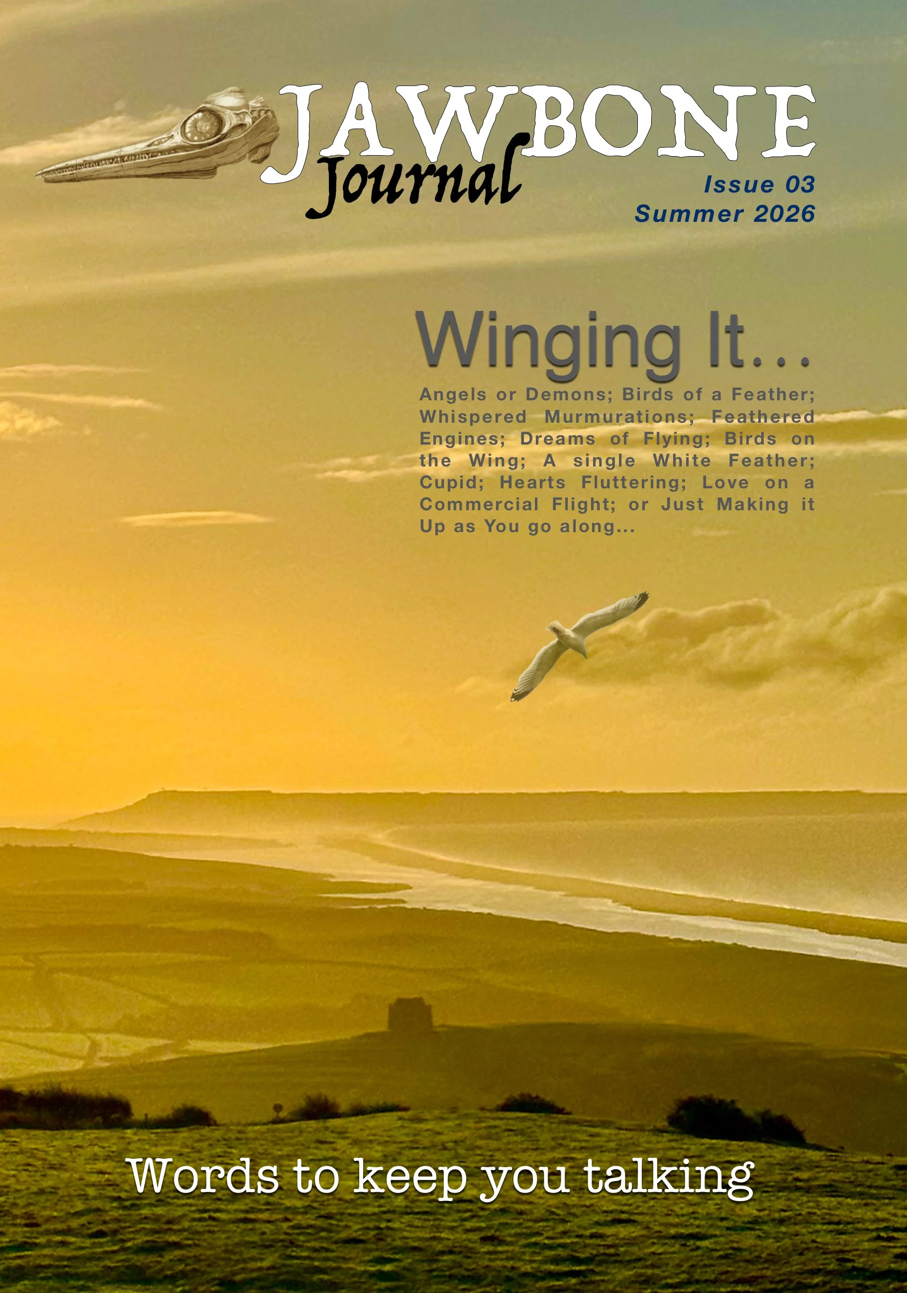Cover of JAWBONE Journal, Summer 2026, Issue 03, featuring a bird flying in a yellow-orange sky with clouds and a distant landscape.