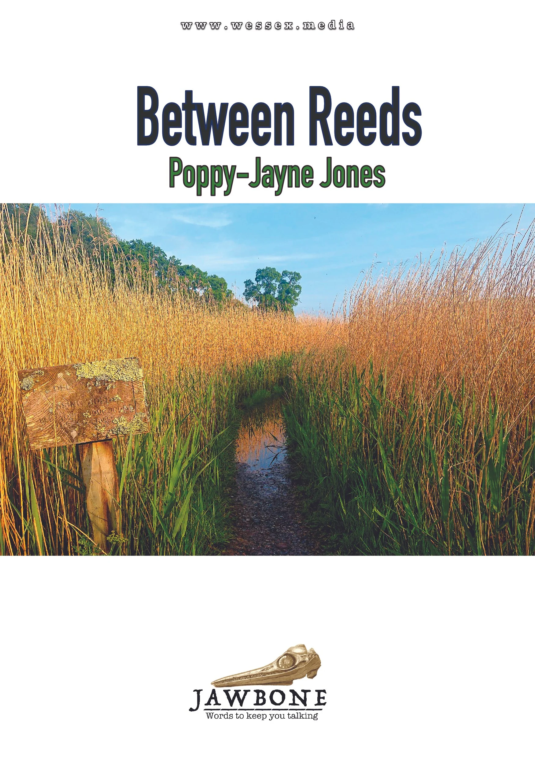 The cover of a book titled 'Between Reeds' by Poppy-Jayne Jones features a landscape with tall reeds, a small body of water, and trees in the background under a blue sky. The book's title is prominently displayed at the top, with the author's name below it. The bottom part of the cover shows a jawbone with the word 'JAWBONE' and the phrase 'Words to keep you talking' beneath it.