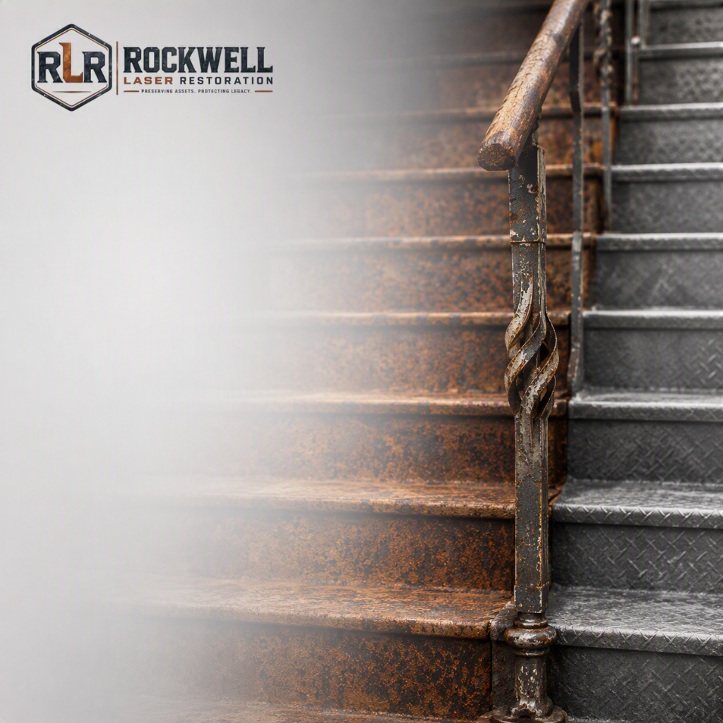 Before and after restoration of a rusted historic metal staircase and railing