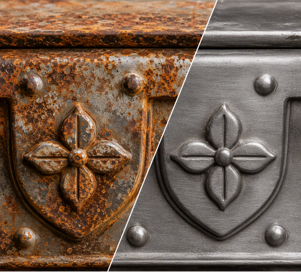 Before and after rust removal and restoration of decorative metalwork