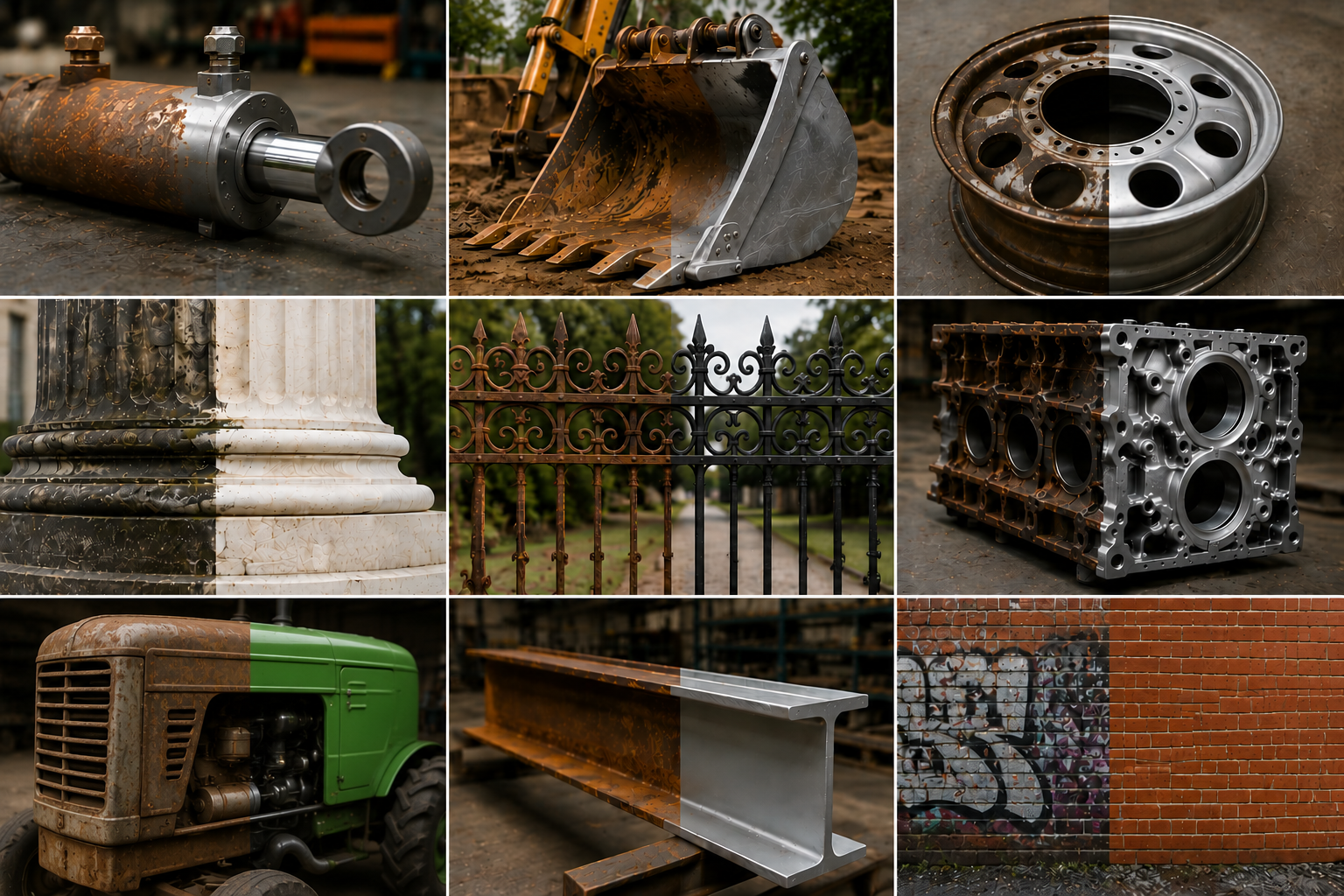 Examples of laser restoration for industrial equipment, heavy machinery, metal, masonry and specialty surfaces