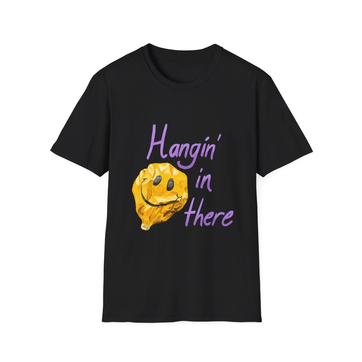 Black T-shirt with a deflated smiley balloon with the text "hangin' in there"