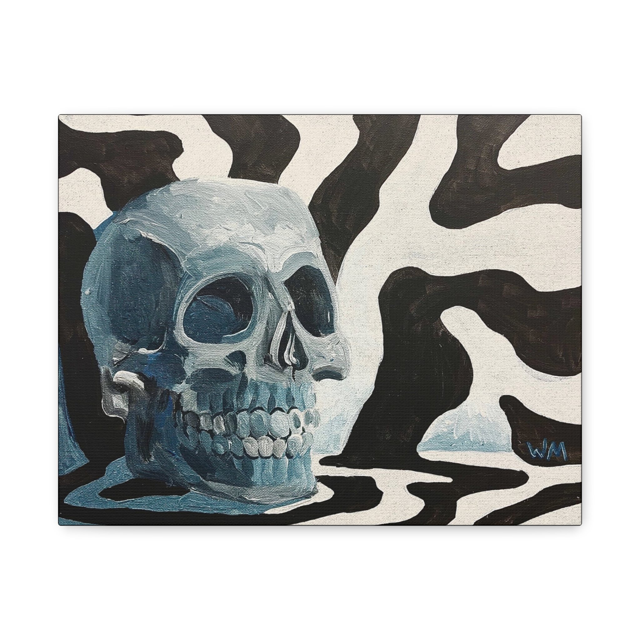 Realistic painting of a skull with a black and white abstract background.