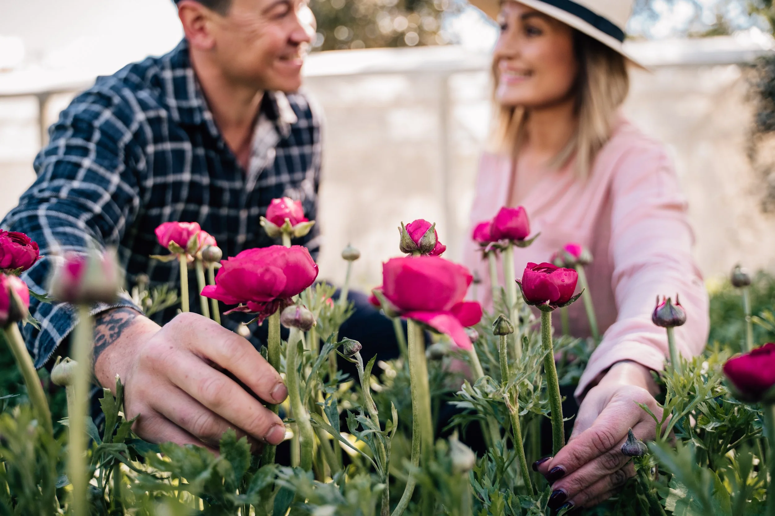 Katie and Rob holding hot pink ranunculus at Blume Estate flower farm