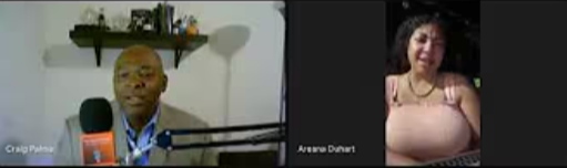 Virtual video call with two women, one speaking and the other listening, in an indoor setting.