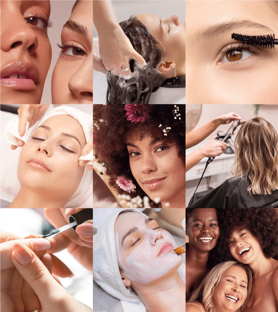 Personas recibiendo tratamientos de belleza como lavado de cabello, spa facial, aplicación de maquillaje y cuidado del cabello.