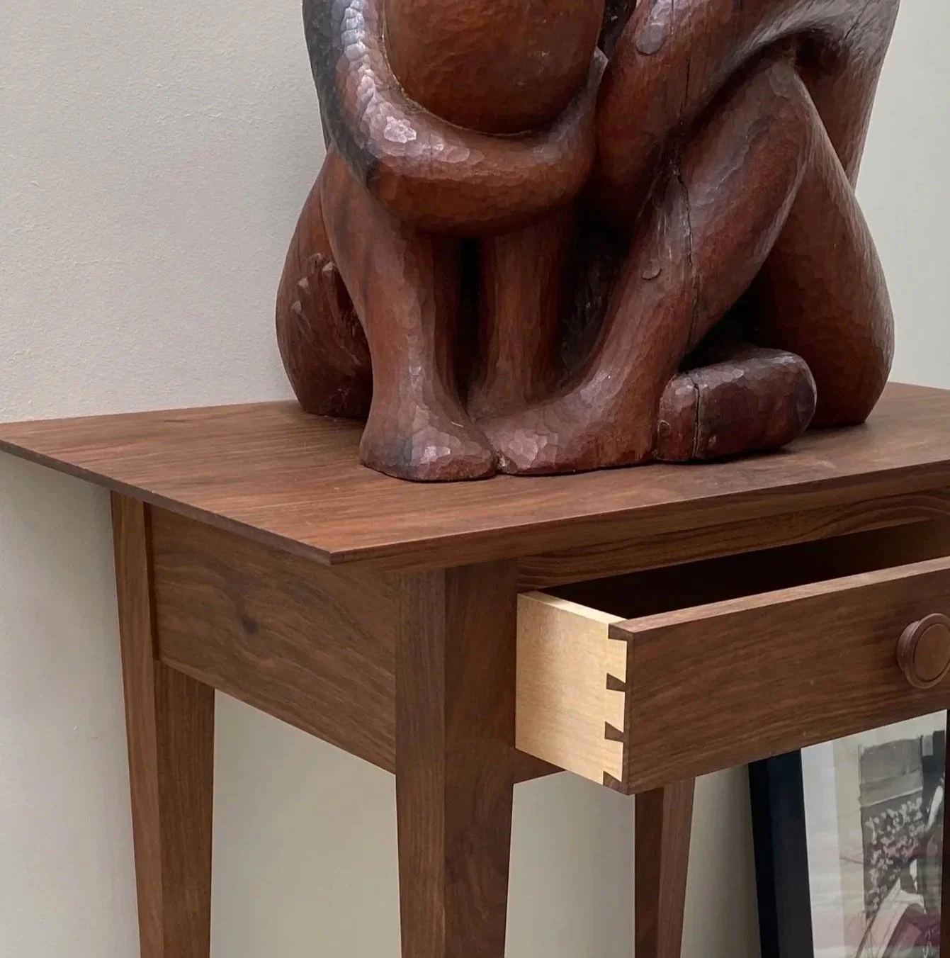 Handmade walnut side table with hand cut blind dovetail drawer using contrasting sycamore, Bayfolk Furniture — the maker's first ever commissioned piece, North Yorkshire.