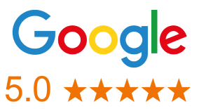 Google logo with five gold stars and a 5.0 rating underneath
