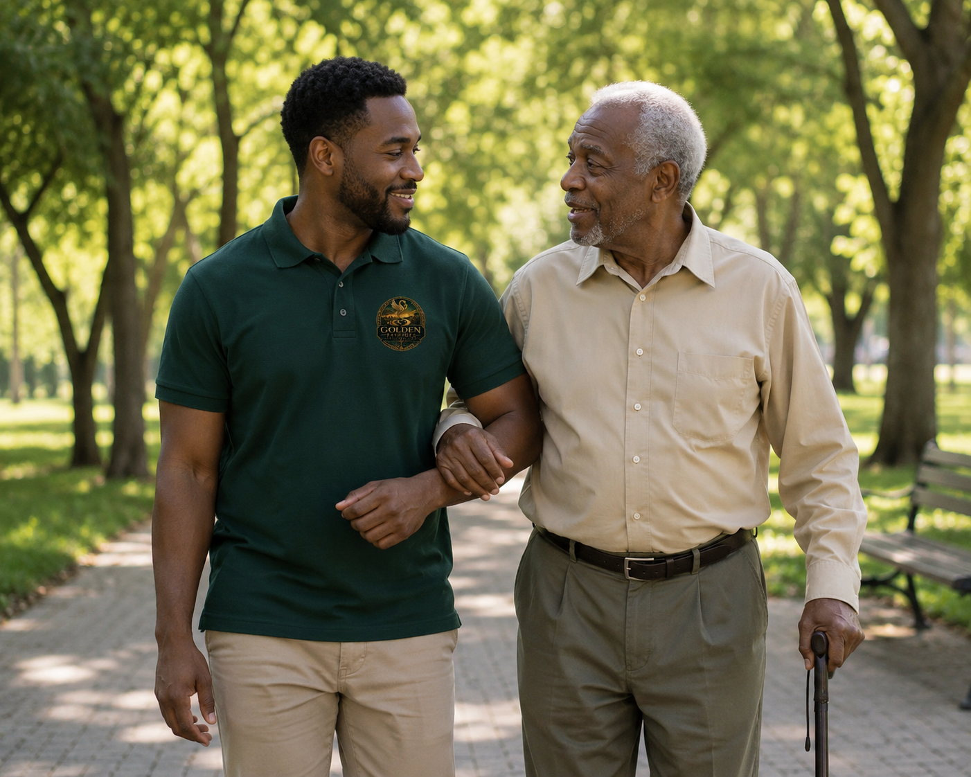 An elderly man with gray hair and a cane being accompanied by a younger man in a park with trees and benches, both smiling at each other.