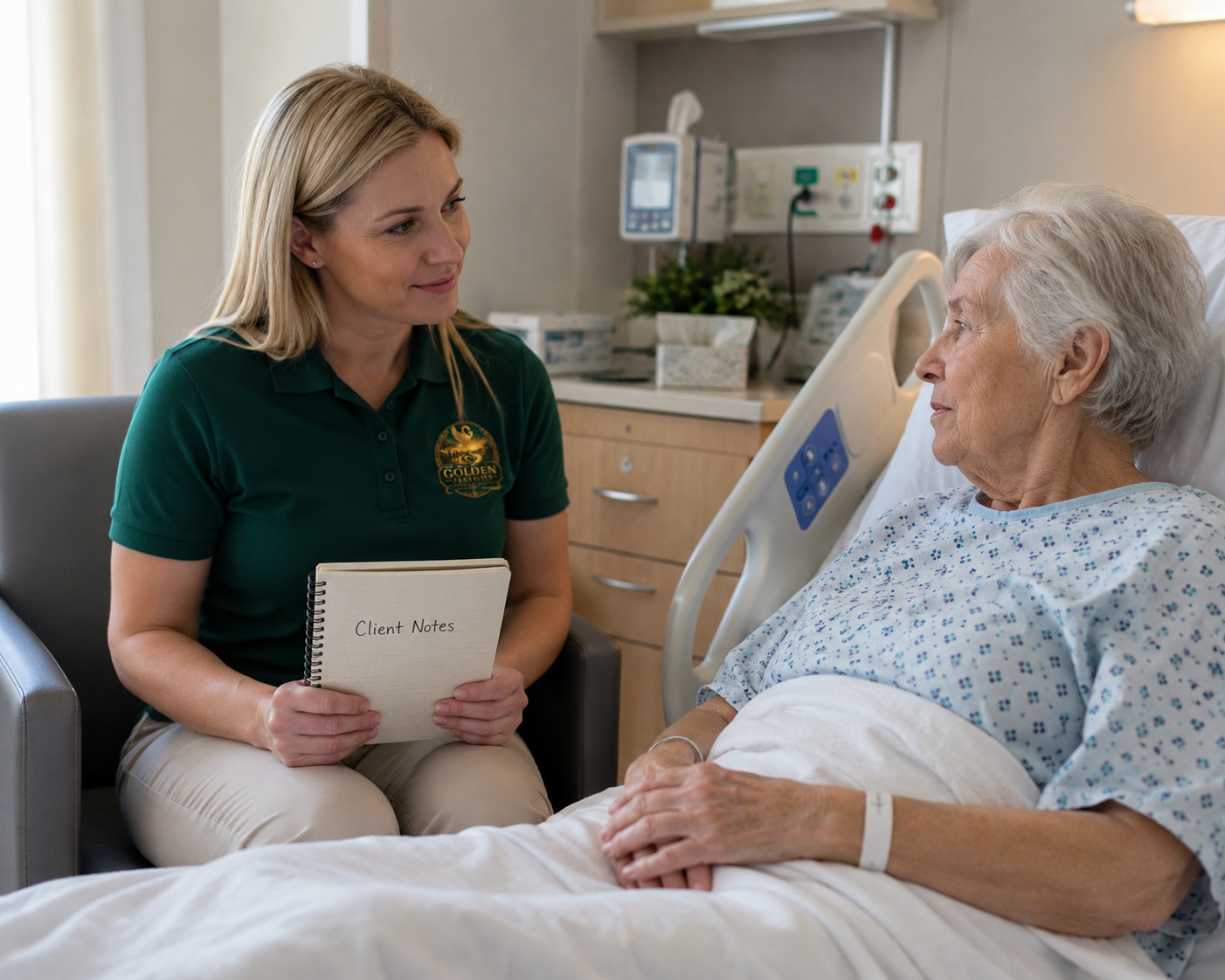 A healthcare worker sitting beside an elderly woman in a hospital bed, holding a notebook labeled 'Client Notes,' and engaging in a caring conversation.