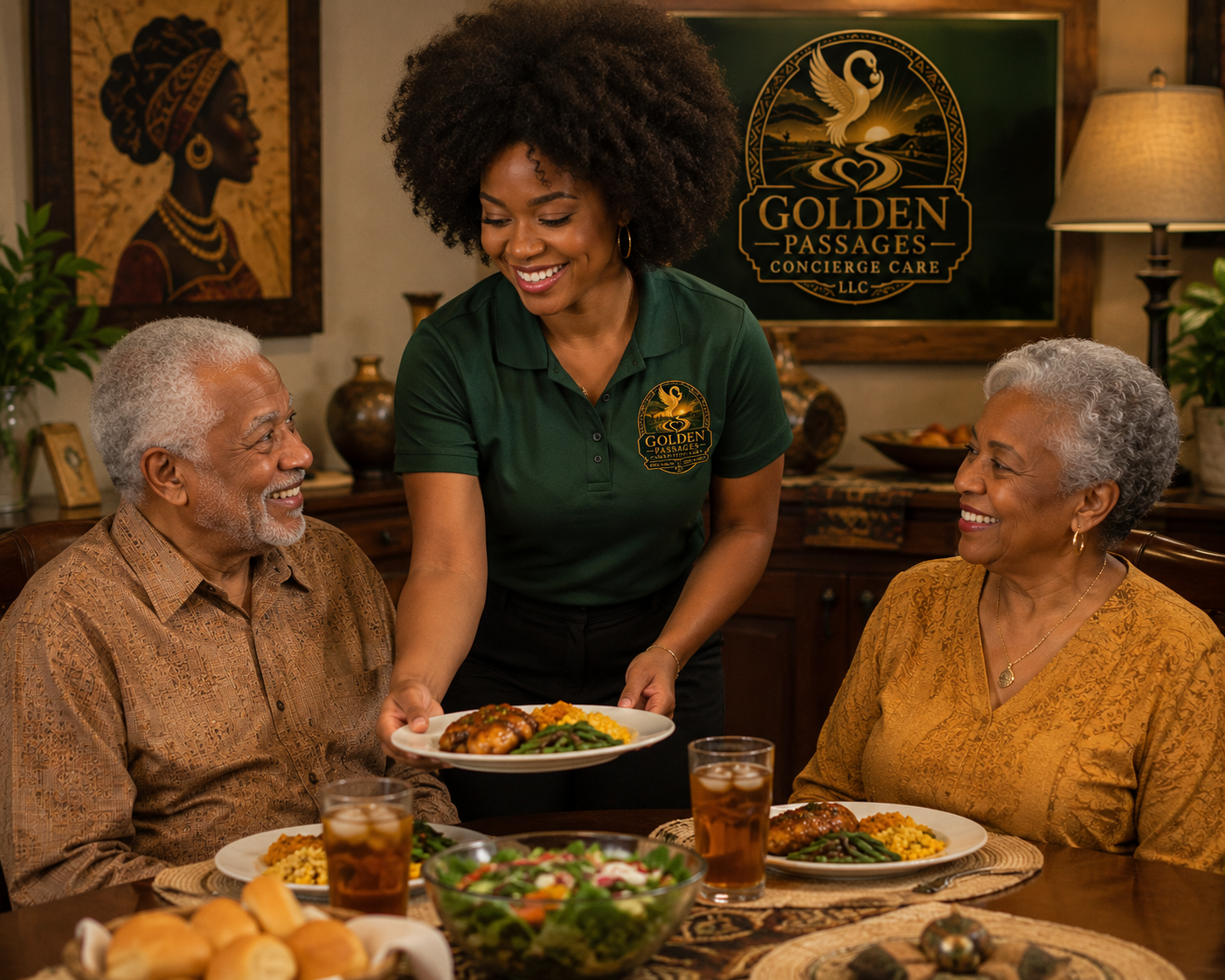 A woman server dressed in a green uniform with a 'Golden Passages' logo serves food to an elderly man and woman, who are smiling and seated at a dining table with plated food and drinks. The background features 'Golden Passages Concierge Care LLC' signage, artwork, and warm decor.